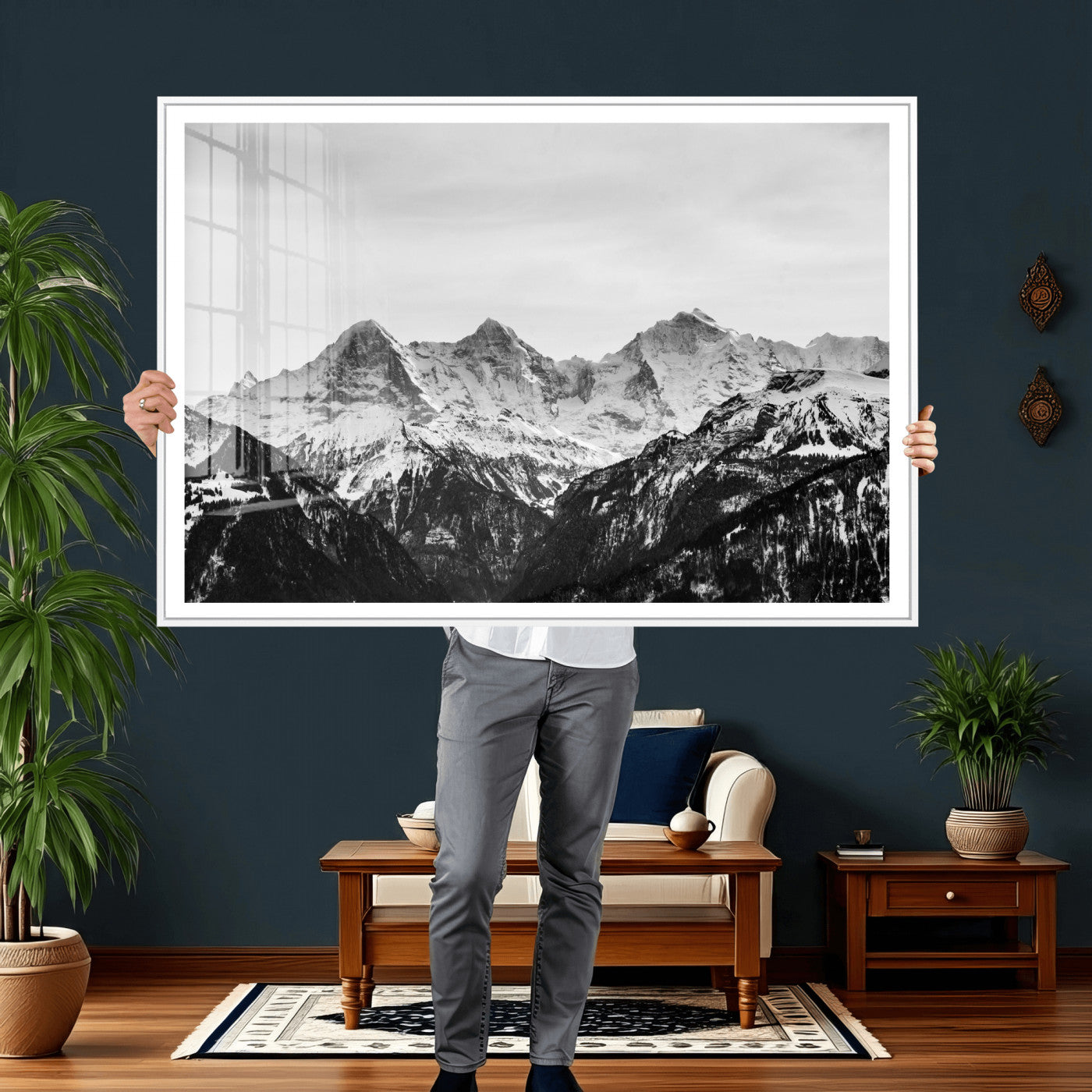 85684934-MGV-CV-36X24 - Black and White Mountain Wall Art Canvas Print, Snowy Alpine Peaks Landscape Photography, Minimal Monochrome Mountain Art, Scenic Nature Wall Decor