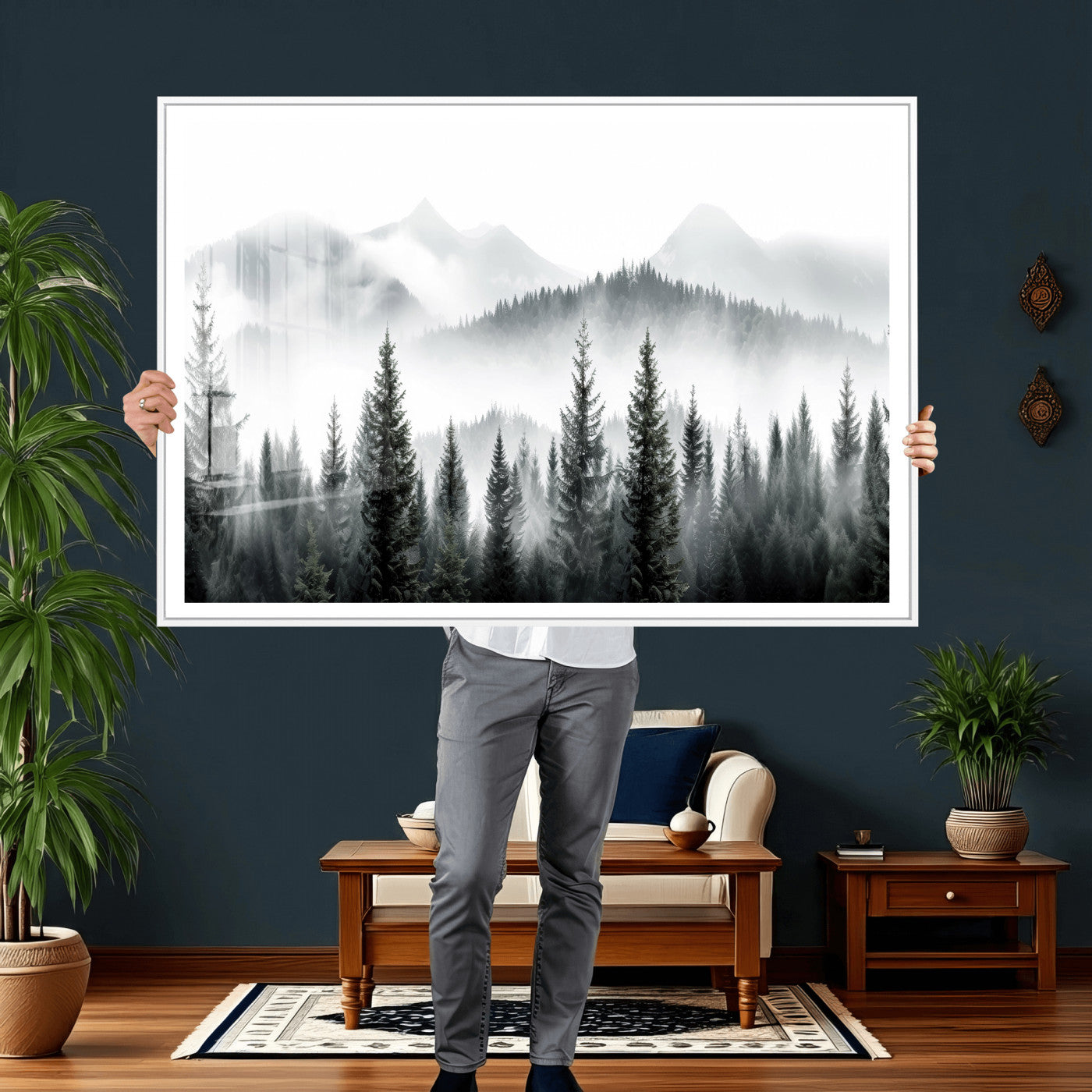 38819032-MGV-CV-36X24 - Misty Pine Forest Mountain Landscape Wall Art Canvas Print, Foggy Evergreen Trees Minimal Nature Canvas Print, Monochrome Wilderness Scenic Art Printing