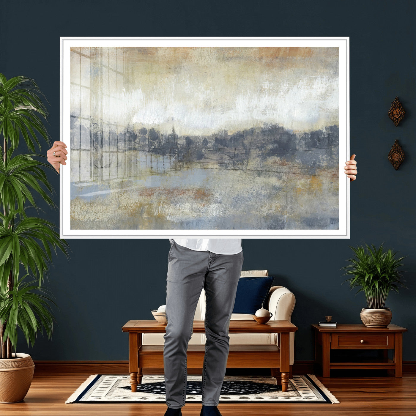 73973590-MGV-CV-36X24 - Abstract Neutral Landscape Painting Wall Art Canvas Print, Modern Minimal Texture Horizon Canvas Print, Beige Gray Contemporary Abstract Art Printing