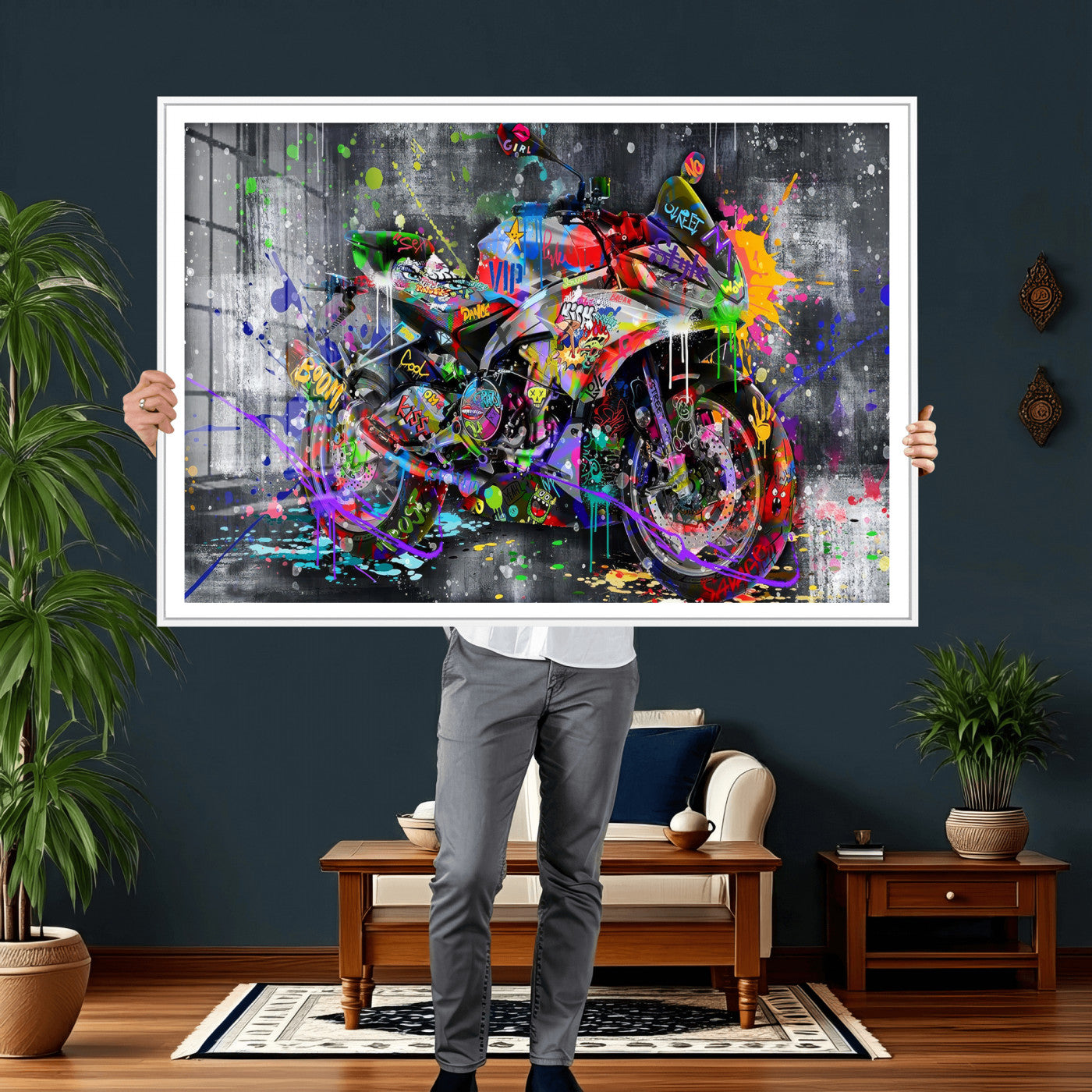83021767-MGV-CV-36X24 - Graffiti Motorcycle Wall Art Canvas Print, Urban Street Art Motorbike Decor, Colorful Graffiti Sports Bike Artwork