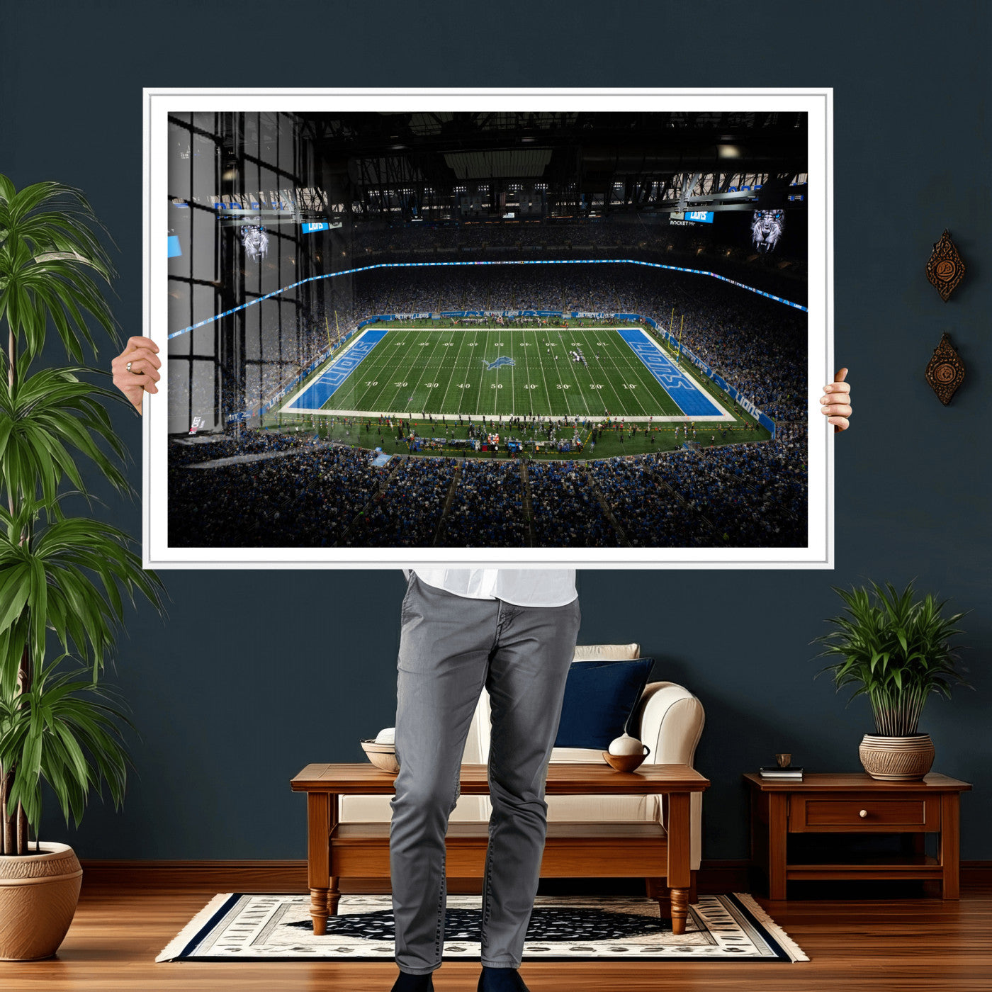 16709602-MGV-CV-36X24 - Detroit Lions Stadium Wall Art Canvas Print, Football Field Panorama Artwork, NFL Game Night Stadium Decor