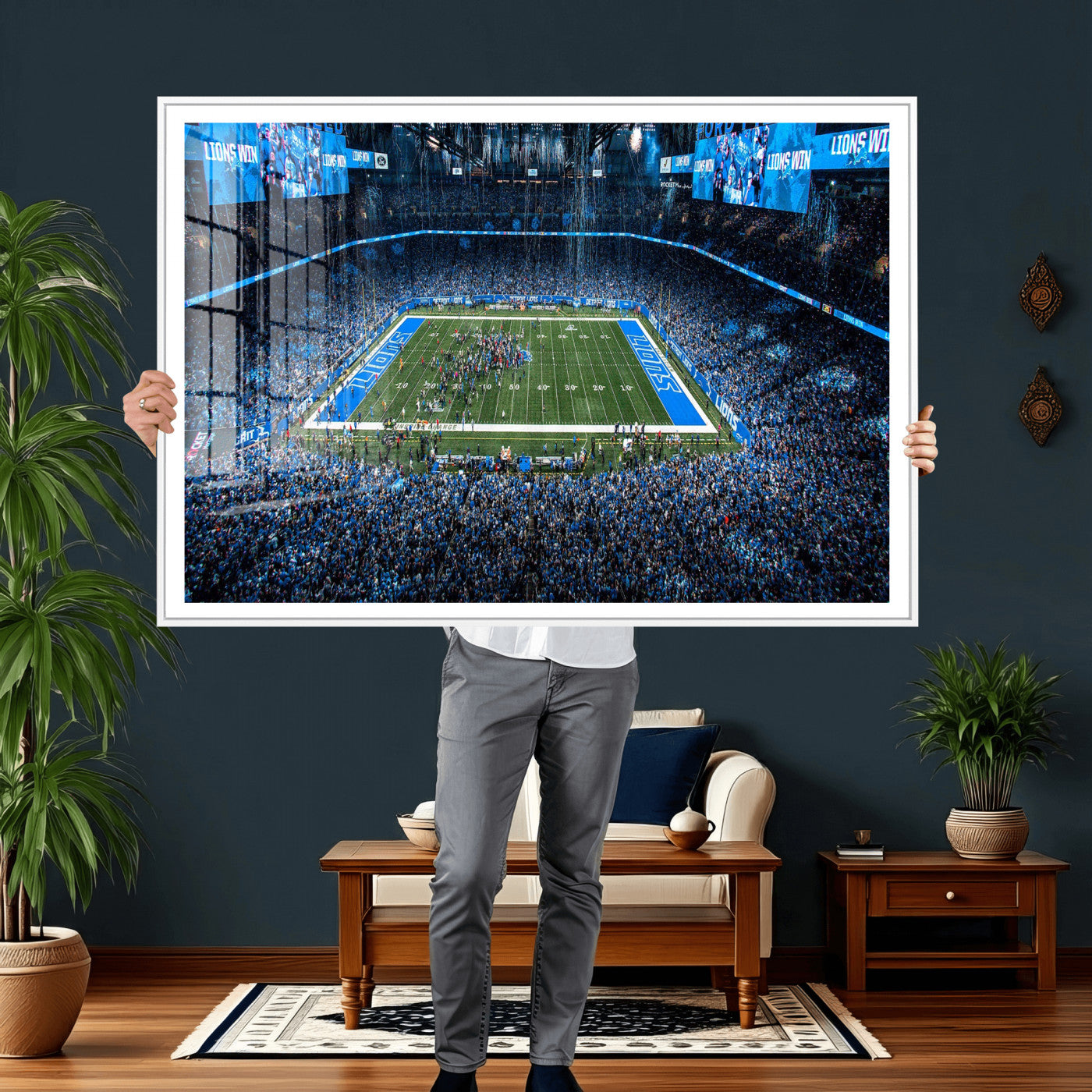 80882005-MGV-CV-36X24 - Detroit Lions Stadium Wall Art Canvas Print, Football Field Panorama Artwork, NFL Game Night Stadium Decor
