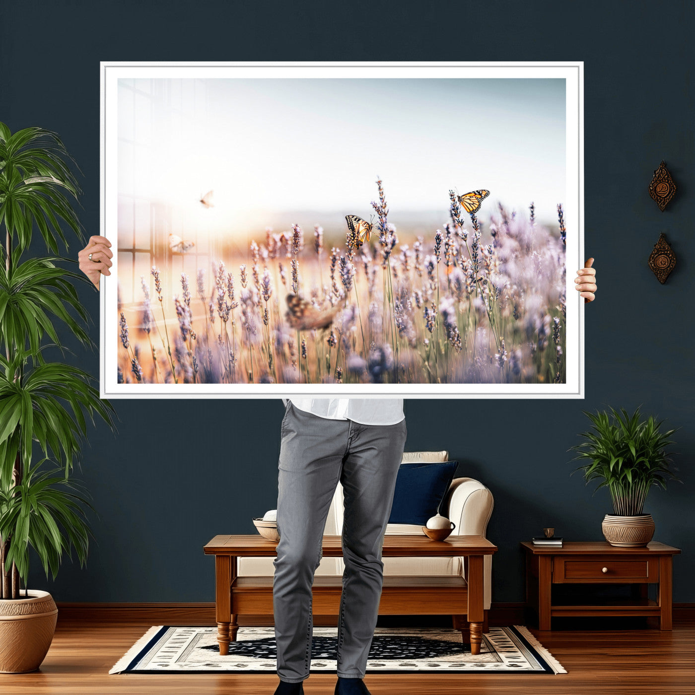 46417478-MGV-CV-36X24 - Lavender Field Wall Art Canvas Print, Butterfly Floral Landscape Art, Soft Nature Wall Decor for Bedroom