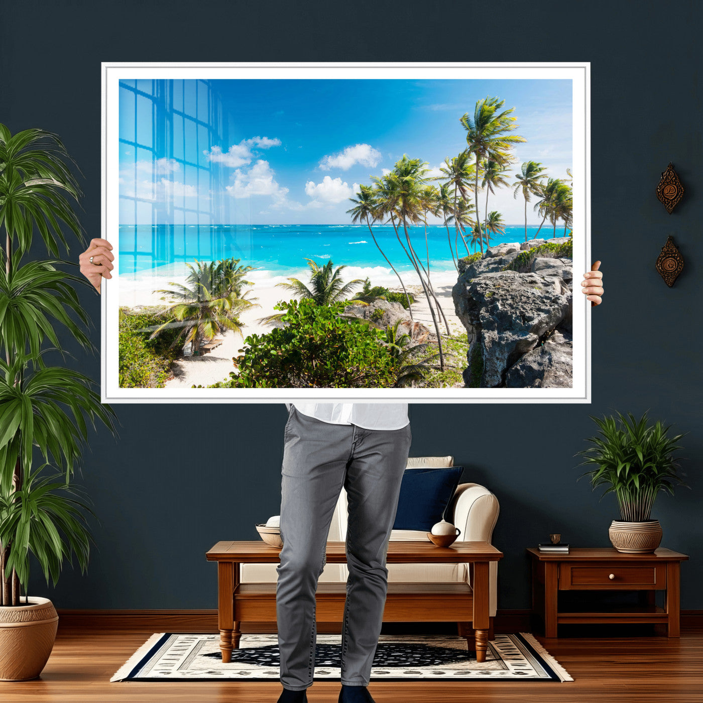 98605610-MGV-CV-36X24 - Tropical Beach Wall Art Canvas Print, Palm Tree Ocean Landscape Photography, Caribbean Coastal Artwork