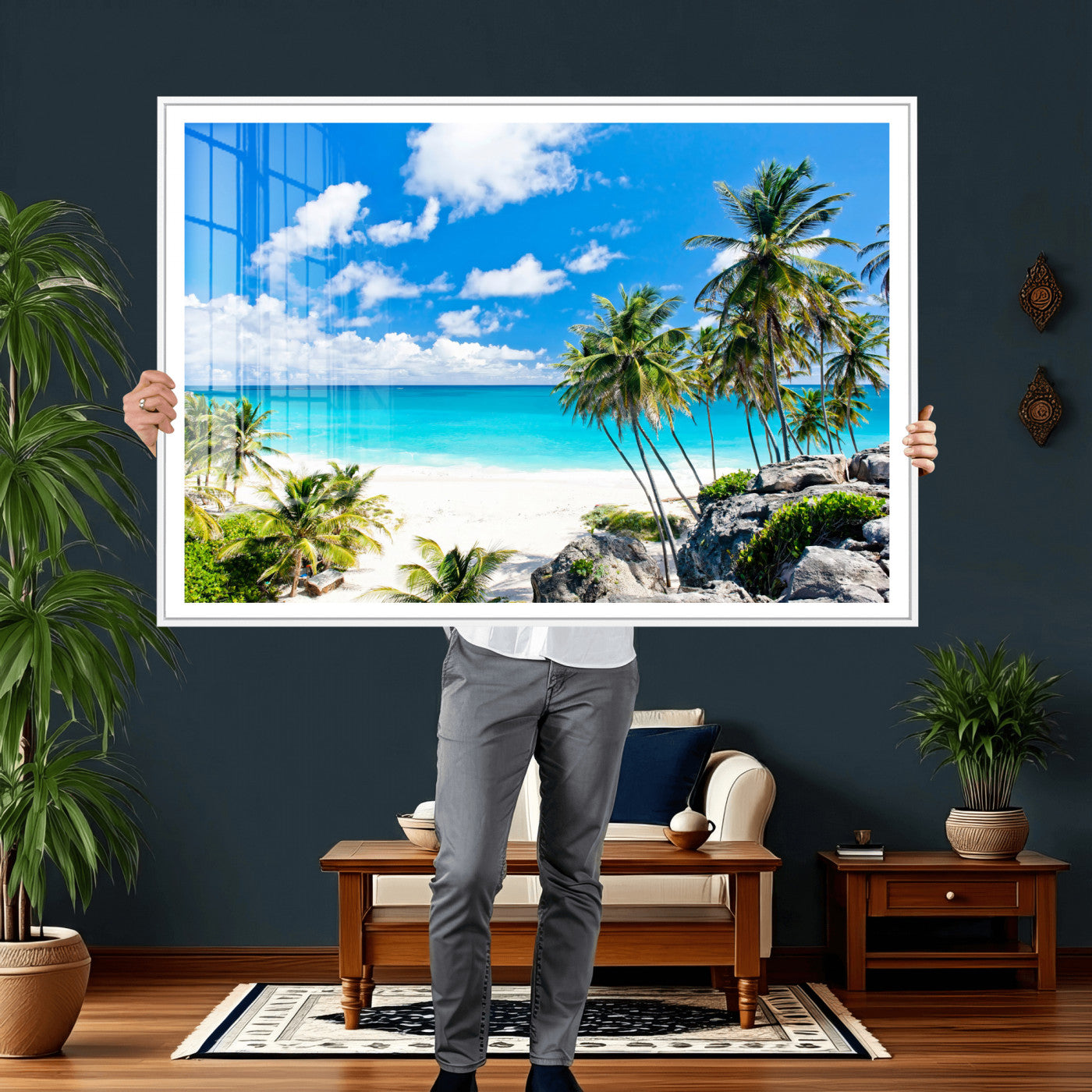 51097197-MGV-CV-36X24 - Tropical Beach Wall Art Canvas Print, Palm Tree Ocean Landscape Photography, Caribbean Coastal Artwork