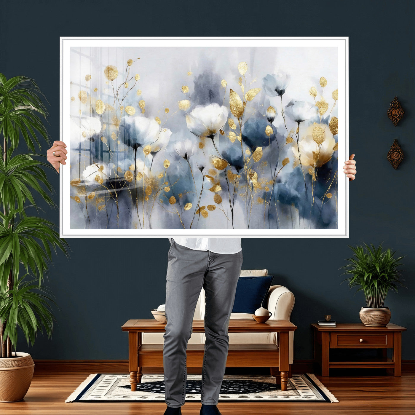 84358857-MGV-CV-36X24 - Large Abstract Flowers Wall Art Canvas Print – Gold and Blue Botanical Artwork for Living Room, Bedroom, and Office Decor