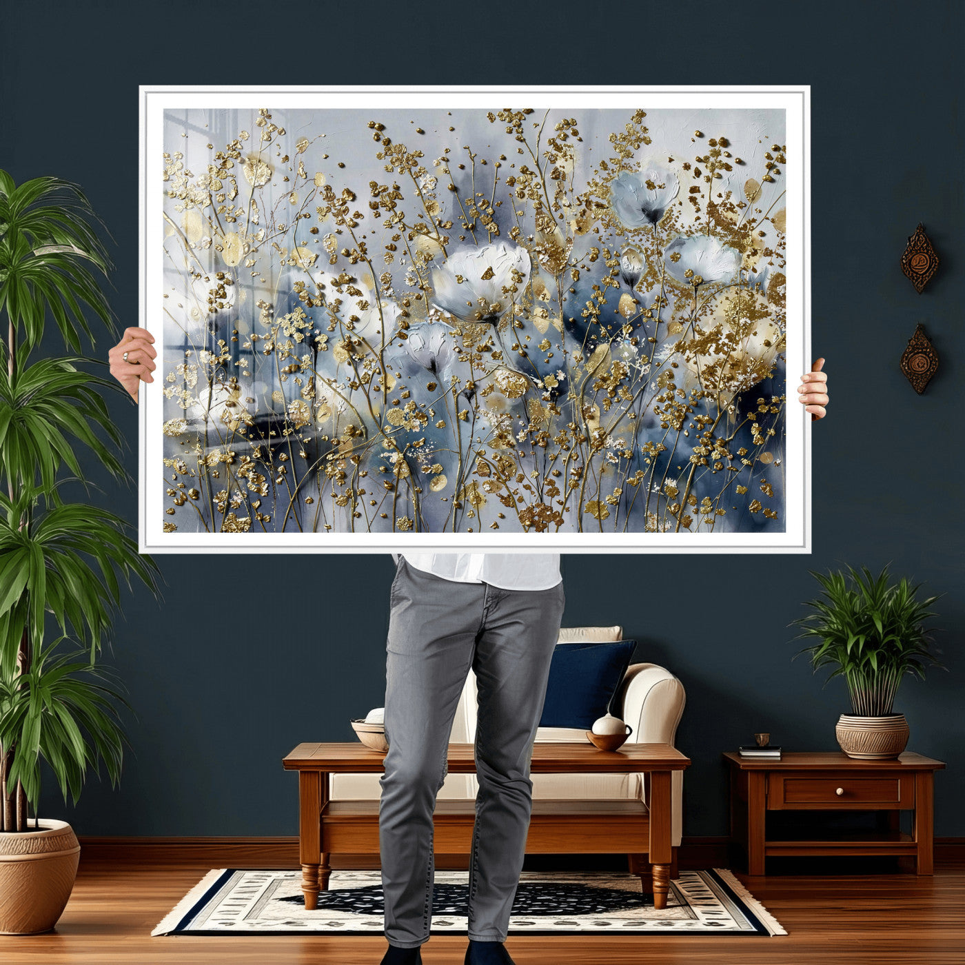 24499670-MGV-CV-36X24 - Abstract Floral Wall Art Canvas Print – Gold and Blue Botanical Artwork for Living Room, Bedroom, and Office Decor