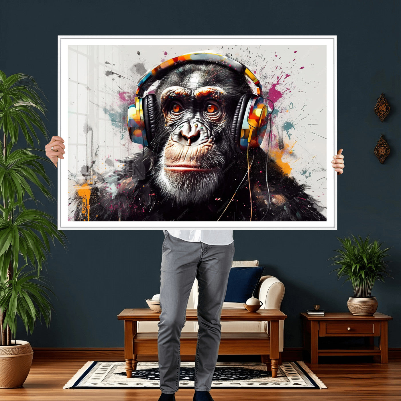 31244985-MGV-CV-36X24 - Dj Monkey Wall Art Canvas Print – Colorful Pop Art Banksy Graffiti Chimpanzee Print
