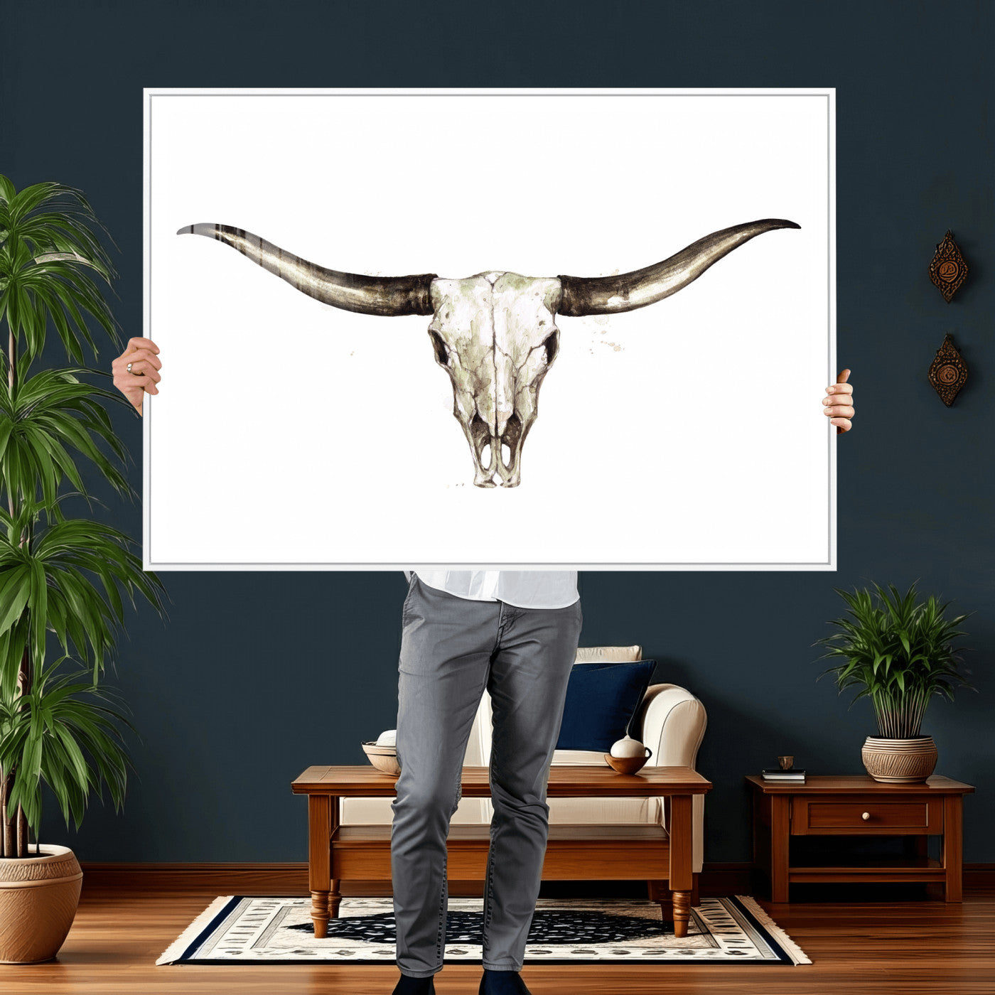 42788678A-MGV-CV-36X24 - Longhorn Skull Wall Art Canvas Print – Rustic Western Artwork Print for Living Room Wall Decor