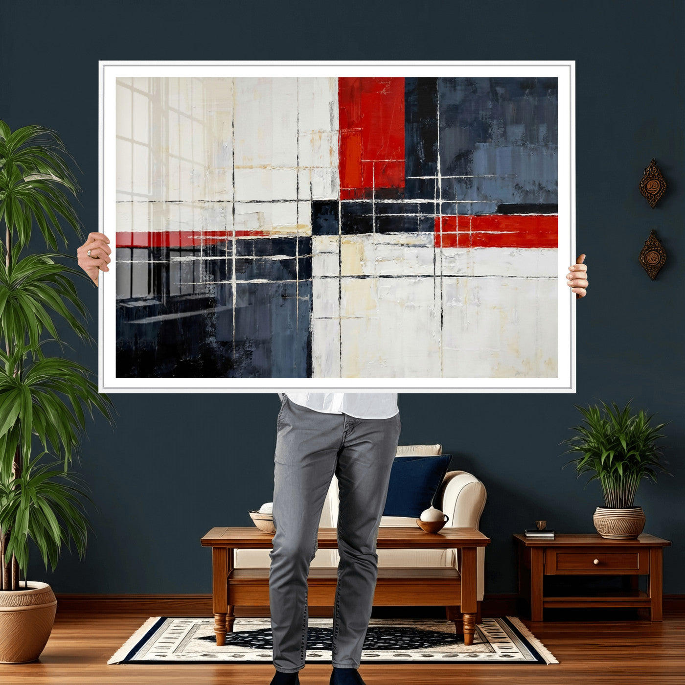 11921181-MGV-CV-36X24 - Navy Red Abstract Wall Art Canvas Print, Modern Luxury Geometric Painting Wall Decor for Living Room and Office