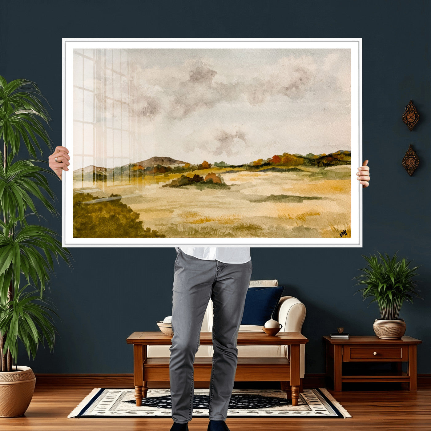 94151004-MGV-CV-36X24 - Watercolor Abstract Countryside Wall Art Canvas Print, Neutral Pastoral Landscape Painting Wall Decor for Modern Farmhouse Interiors