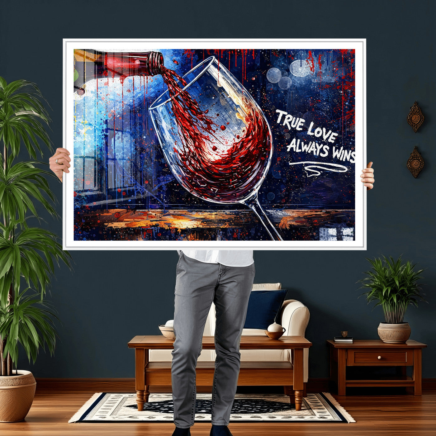 88788932-MGV-CV-36X24 - Red Wine Splash Abstract Wall Art Canvas Print, Modern Wine Glass Painting Canvas Print, Romantic Quote Contemporary Bar Art Print