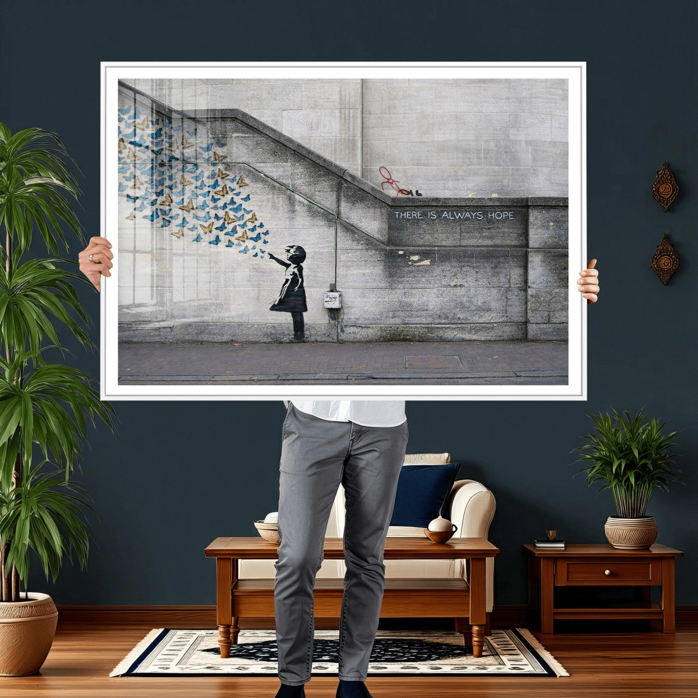 15274223-MGV-CV-36X24 - Banksy Girl with Butterflies Street Art Wall Art Canvas Print, Hope Graffiti Urban Art Canvas Print, Minimalist Inspirational Street Art Contemporary Art Printing