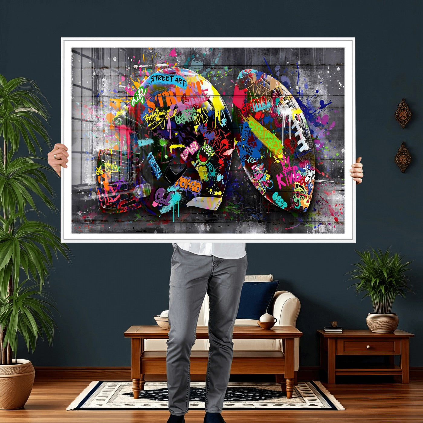 80540773-MGV-CV-36X24 - Graffiti American Football Helmet Street Art Wall Art Canvas Print, Urban Sports Pop Art Football Canvas Print, Colorful Graffiti Sports Contemporary Art Printing