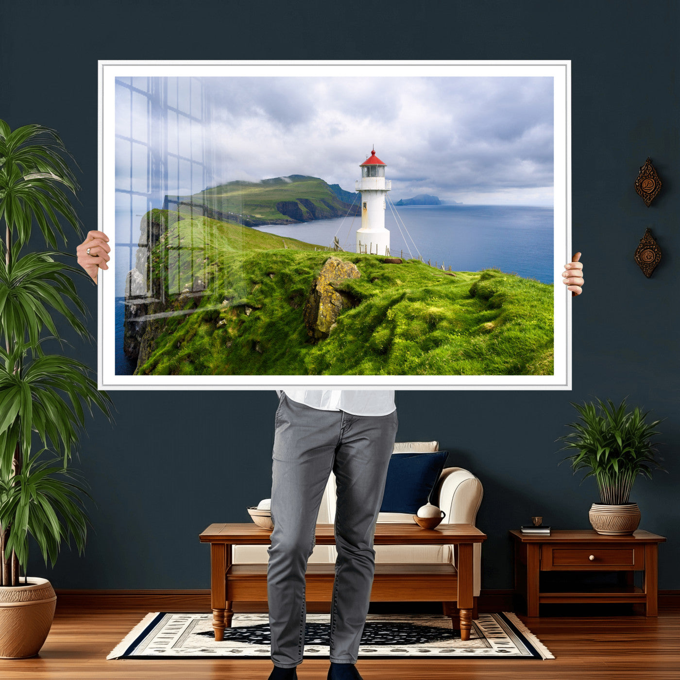 10680390-MGV-CV-36X24 - Coastal Lighthouse Wall Art Canvas Print, Cliffside Ocean Landscape Canvas Print, Scandinavian Coastal Decor for Living Room