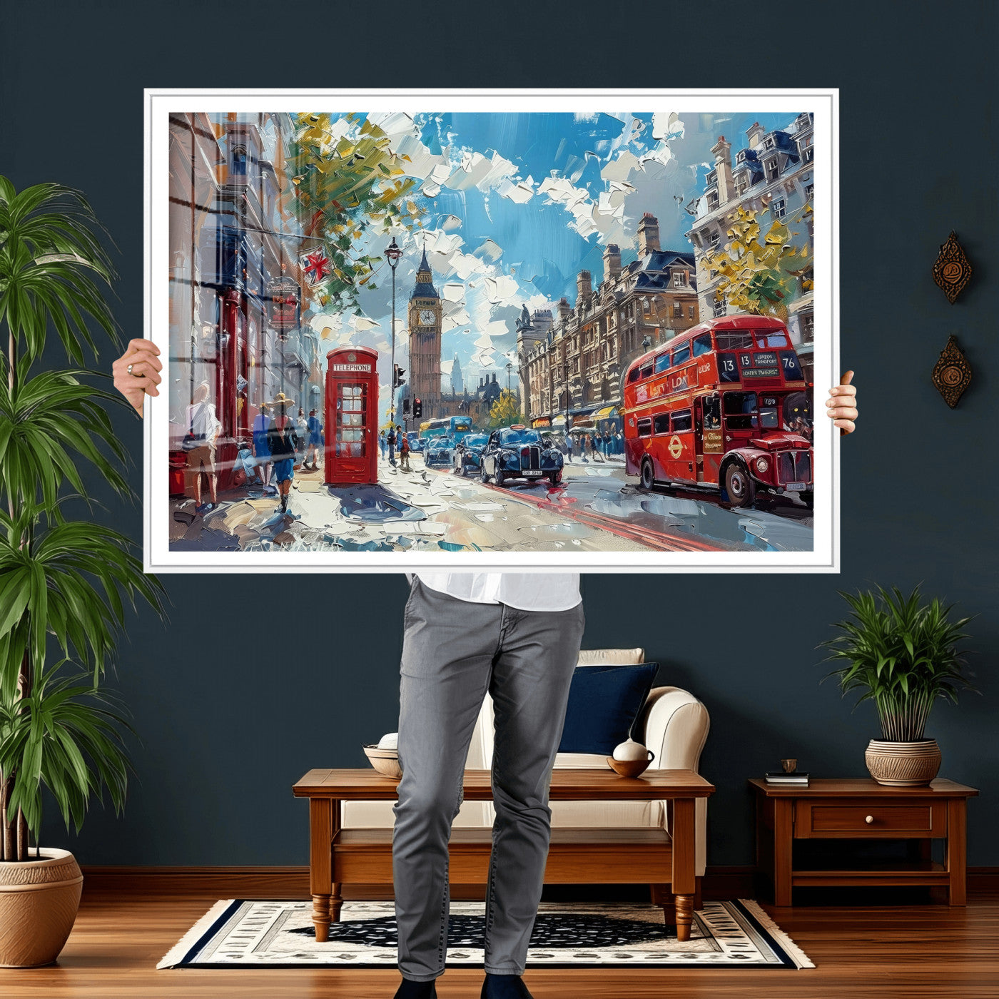 17630888-MGV-CV-36X24 - Modern London City Street Wall Art Canvas Print, Big Ben & Red Bus Artwork Canvas Print