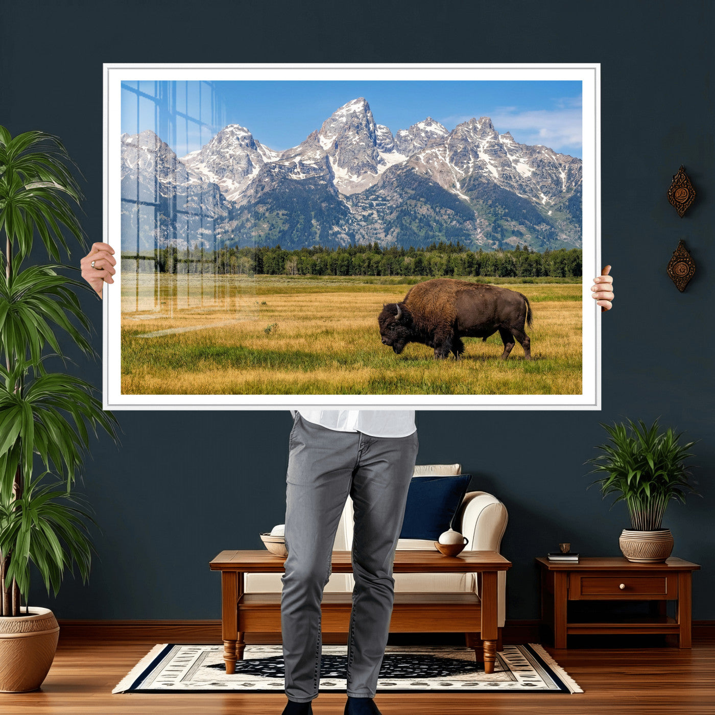 20424529-MGV-CV-36X24 - Bison in Mountain Landscape Wall Art Canvas Print – Western Wildlife Artwork for Rustic Living Room Decor