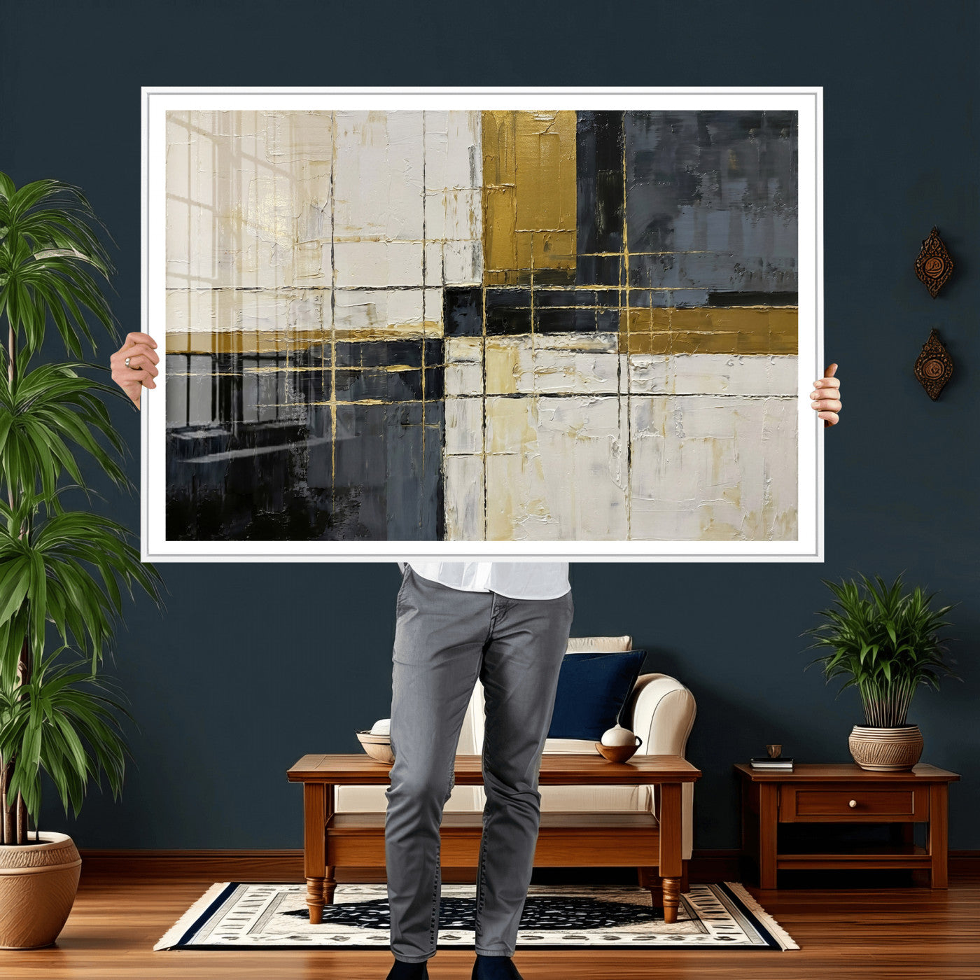 36097945-MGV-CV-36X24 - Abstract Gold and Black Wall Art Canvas Print – Modern Geometric Neutral Artwork for Living Room Decor