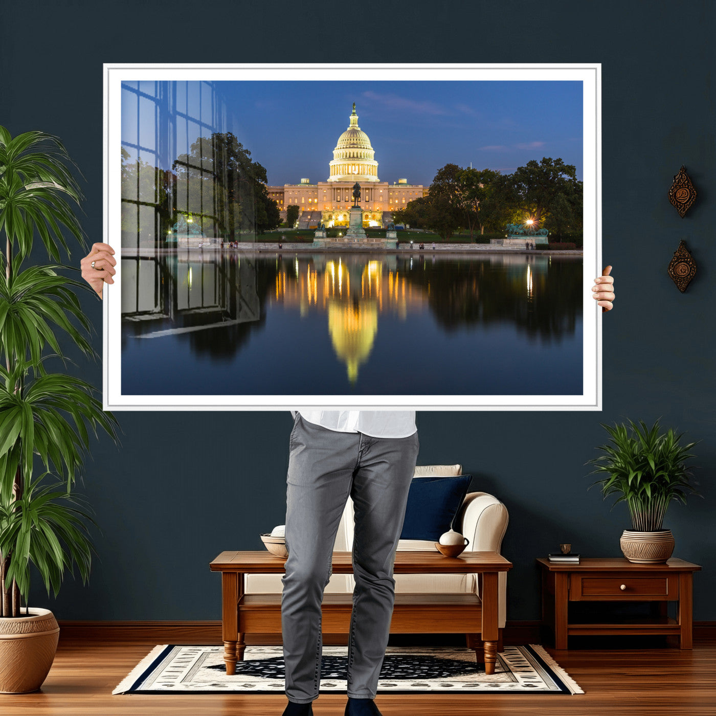 95568590-MGV-CV-36X24 - US Capitol Building Wall Art Canvas Print – Washington DC Landmark Night Reflection Artwork for Office Decor