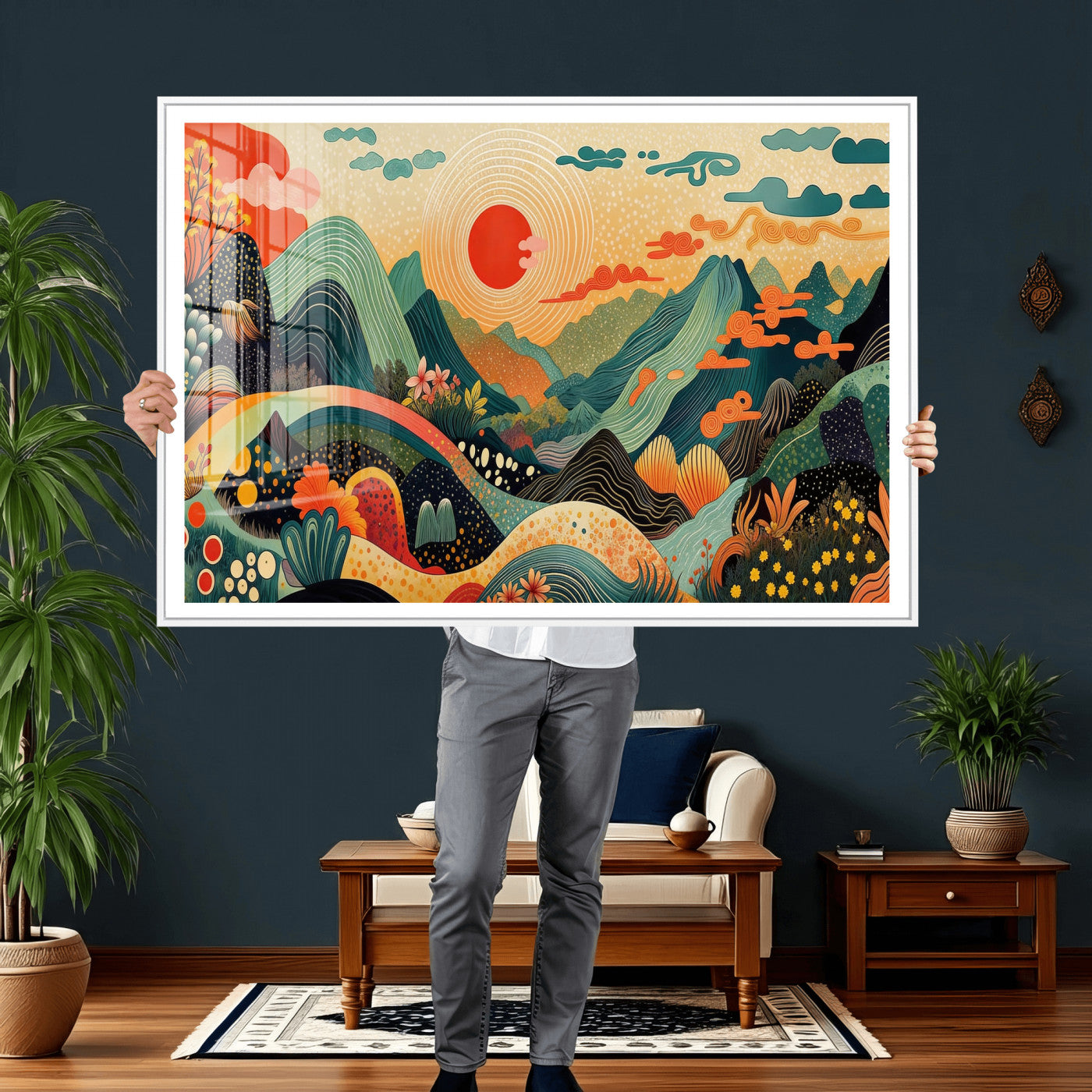 29927191-MGV-CV-36X24 - Yayoi Kusama Boho Mountain Landscape Large Wall Art, Horizontal Gold Framed Canvas Print with Sun and Flowers