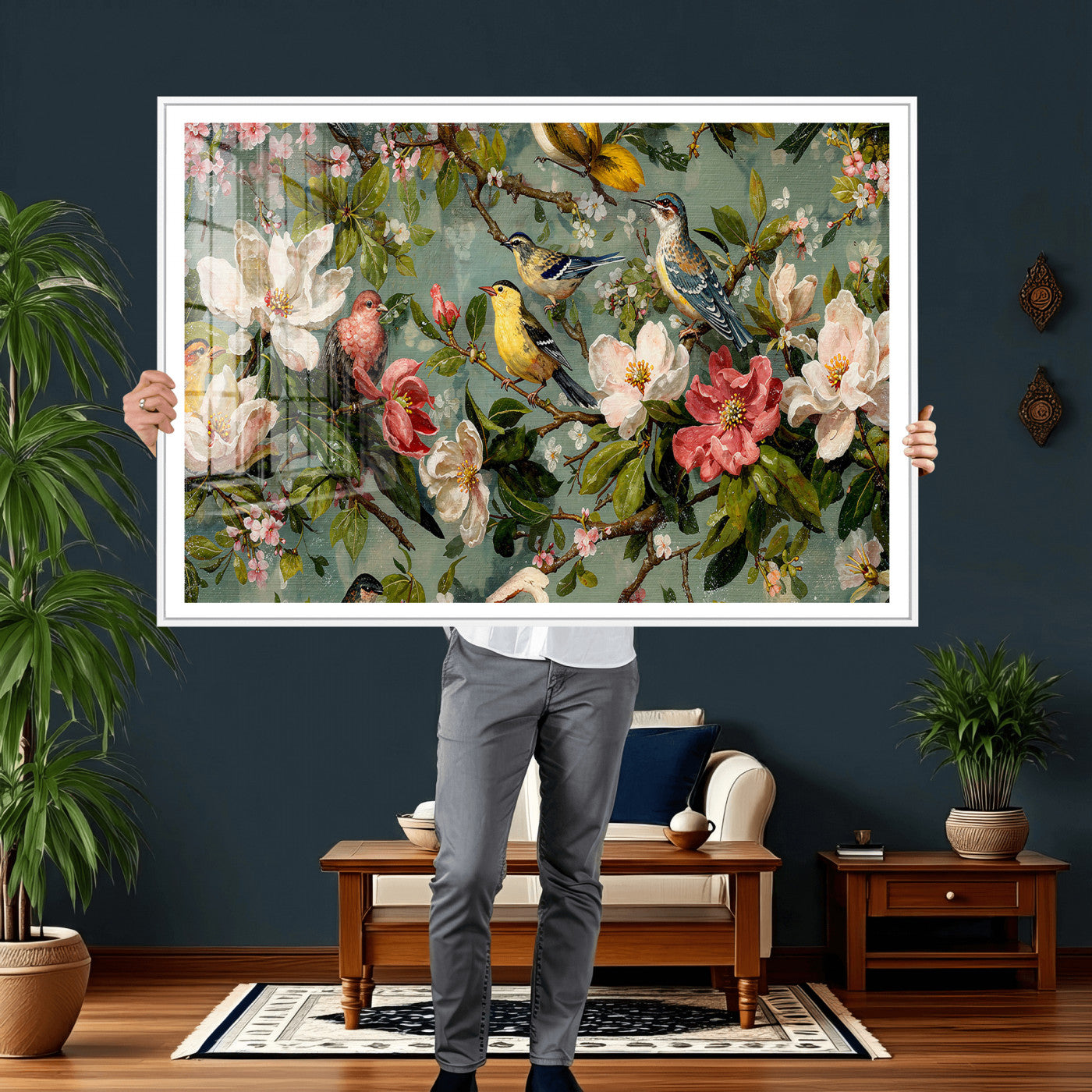 77883606-MGV-CV-36X24 - Vintage Birds and Flowers Wide Wall Art: Extra Large Panoramic Botanical Print