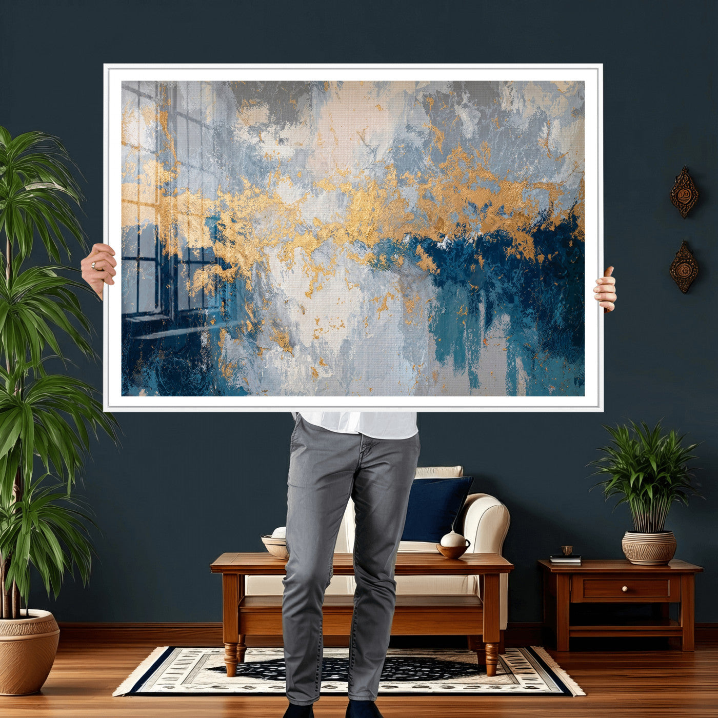 65386119-MGV-CV-36X24 - Blue Gold Abstract Large Framed Canvas Wall Art, Modern Luxury Painting Print in Horizontal Oversized Minimal Wall Decor Artwork