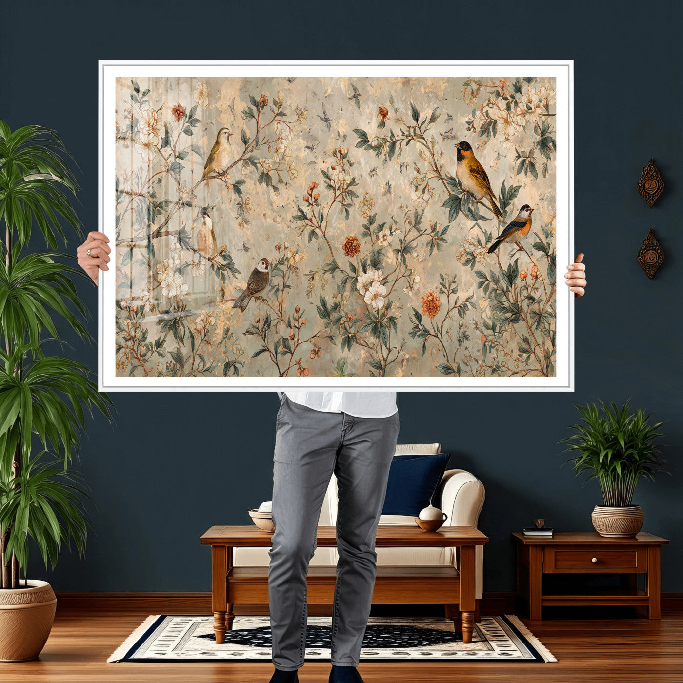 76588438-MGV-CV-36X24 - Vintage Birds and Flowers Wall Art Canvas Print, Botanical Bird Painting Canvas Print, Floral Garden Bird Artwork Canvas Print, Classic Bird Flower Painting Canvas Print