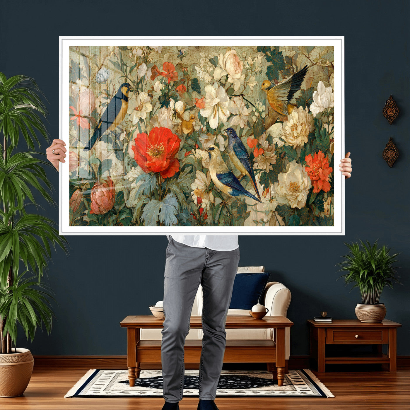 52904757-MGV-CV-36X24 - Vintage Birds and Flowers Wall Art Canvas Print, Botanical Bird Painting Canvas Print, Floral Garden Bird Artwork Canvas Print, Classic Bird Flower Painting Canvas Print