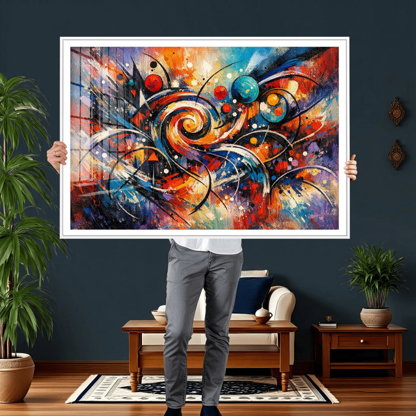 60193267-MGV-CV-36X24 - Geometric Abstract Wall Art Canvas Print, Orange Blue Abstract Expressionist Painting Print, Modern Geometric Abstract Canvas Art