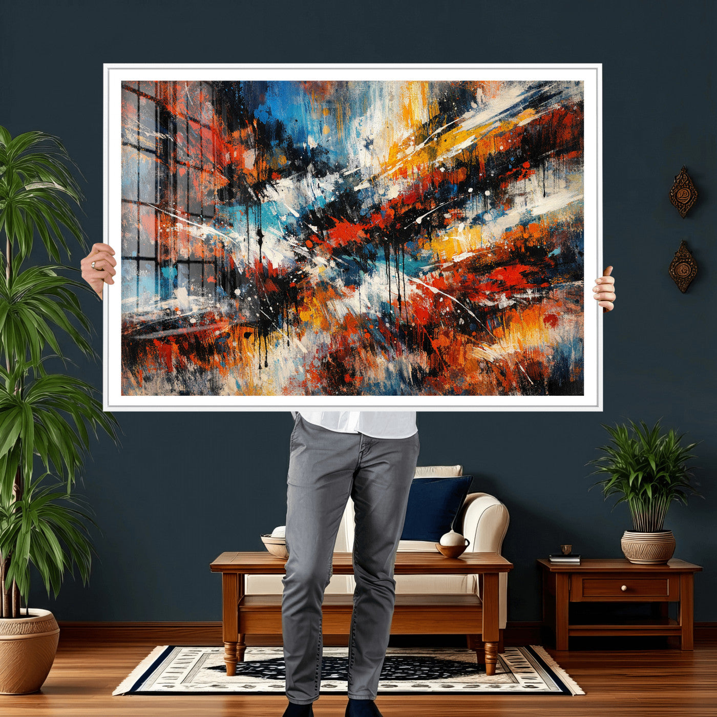 80276069-MGV-CV-36X24 - Geometric Abstract Wall Art Canvas Print, Orange Blue Abstract Expressionist Painting Print, Modern Geometric Abstract Canvas Art