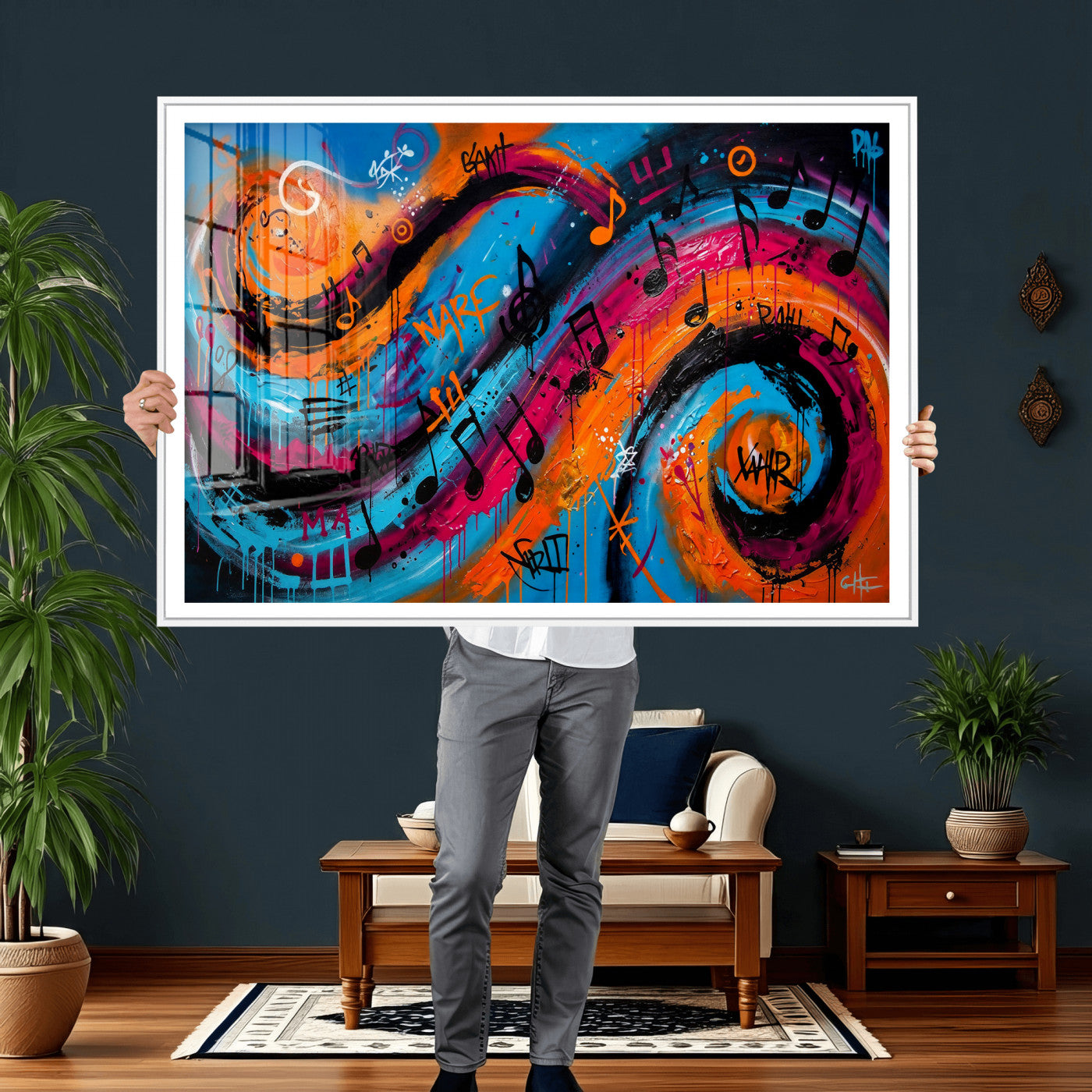 34936518-MGV-CV-36X24 - Geometric Abstract Wall Art Canvas Print, Orange Blue Abstract Expressionist Painting Print, Modern Geometric Abstract Canvas Art