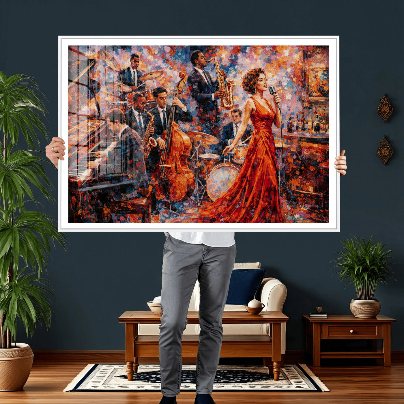 620930SF20-MGV-CV-36X24 - Jazz Band Canvas Wall Art — Jazz Club Singer Saxophone Print | Music Wall Decor | Bar Restaurant Art | Music Lover Gift | Jazz Home Decor