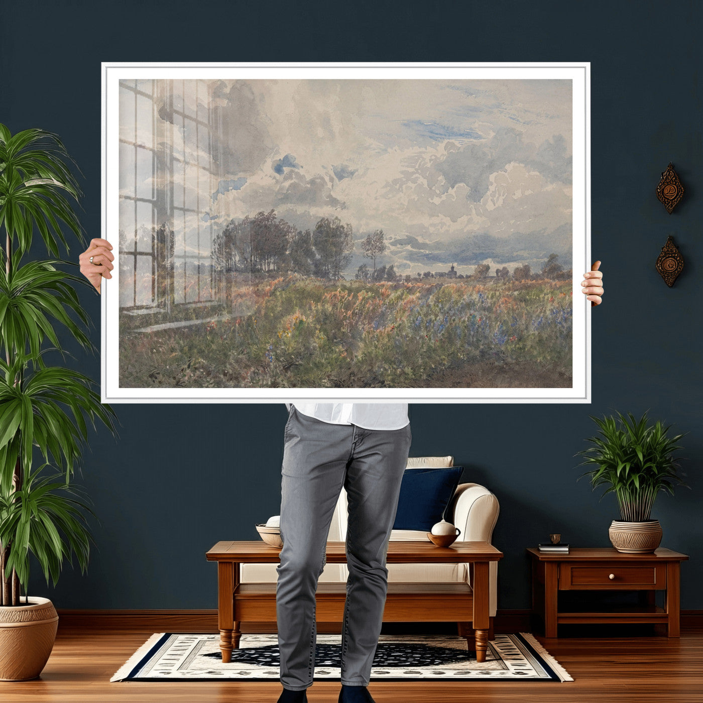 76626885-MGV-CV-36X24 - Vintage Watercolor Meadow Canvas Wall Art — English Pastoral Wildflower Storm Sky Print | Cottagecore Nature Decor | Classic Landscape Gift