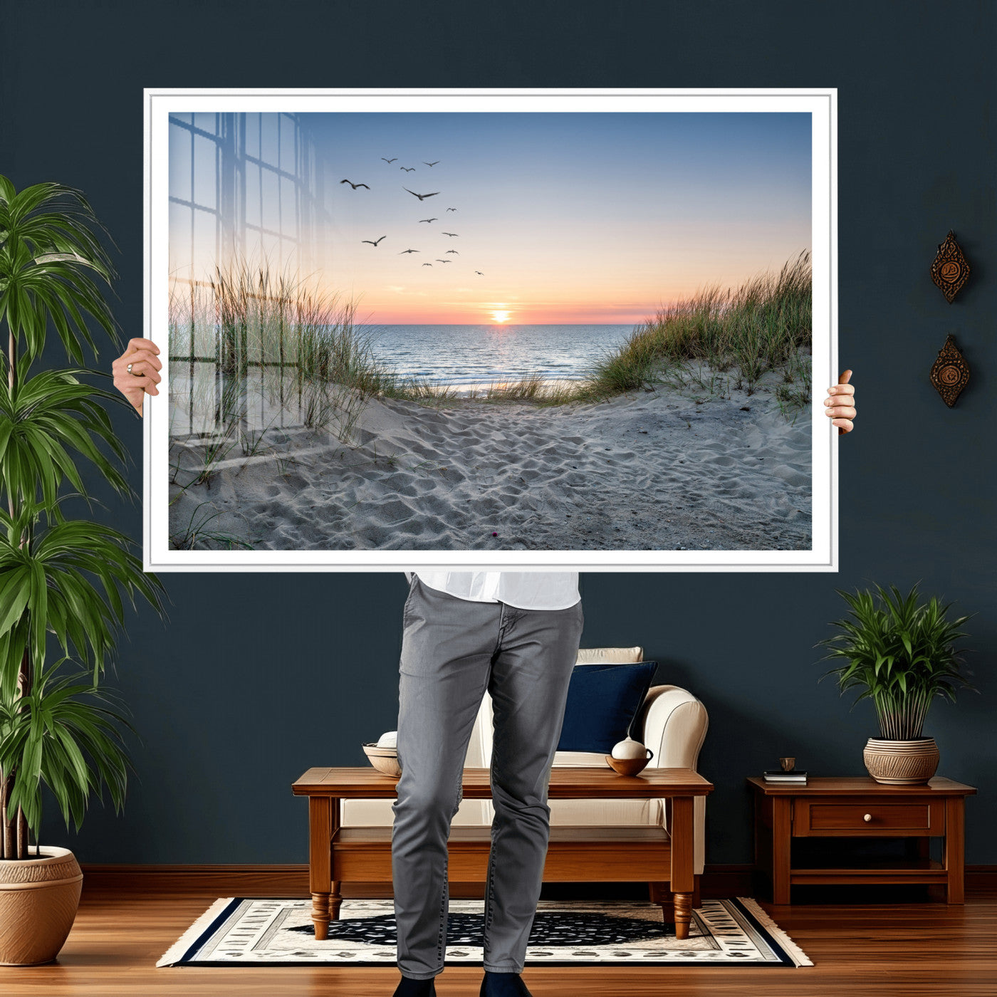 12172032-MGV-CV-36X24 - Sandy Dune Path Sunset Canvas Wall Art — Seagulls Beach Ocean Photography Print | Coastal Home Decor | Nautical Wall Art | Beach House Gift