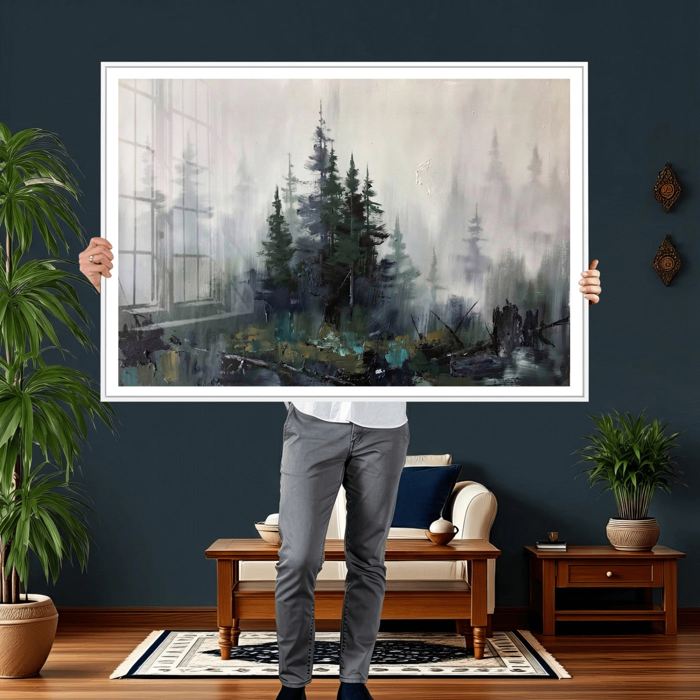 94143325-MGV-CV-36X24 - Misty Pine Forest Oil Painting Canvas — Dark Moody Teal Grey Tree Print | Japandi Scandinavian Wall Art | Minimalist Nature Decor Gift