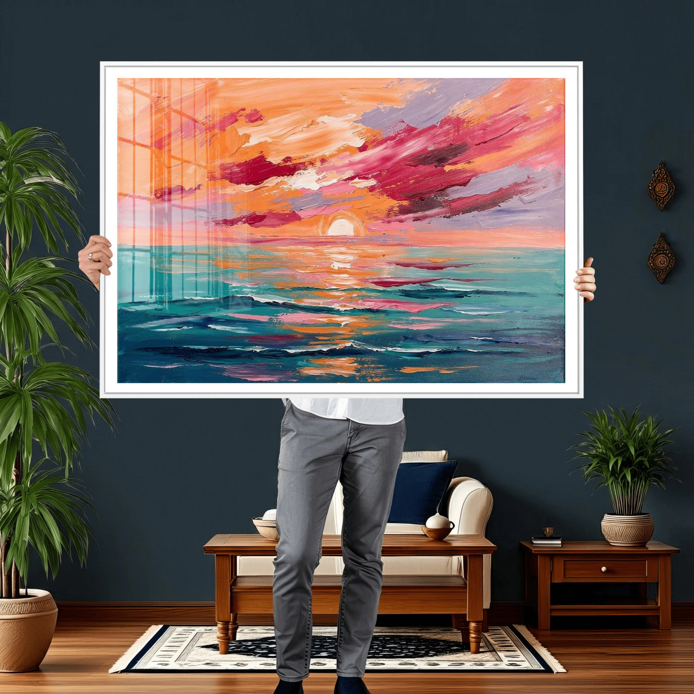 26763902-MGV-CV-36X24 - Bold Palette Knife Ocean Sunset Canvas — Orange Pink Teal Expressionist Sea Print | Colorful Coastal Wall Art | Vibrant Beach Decor Gift