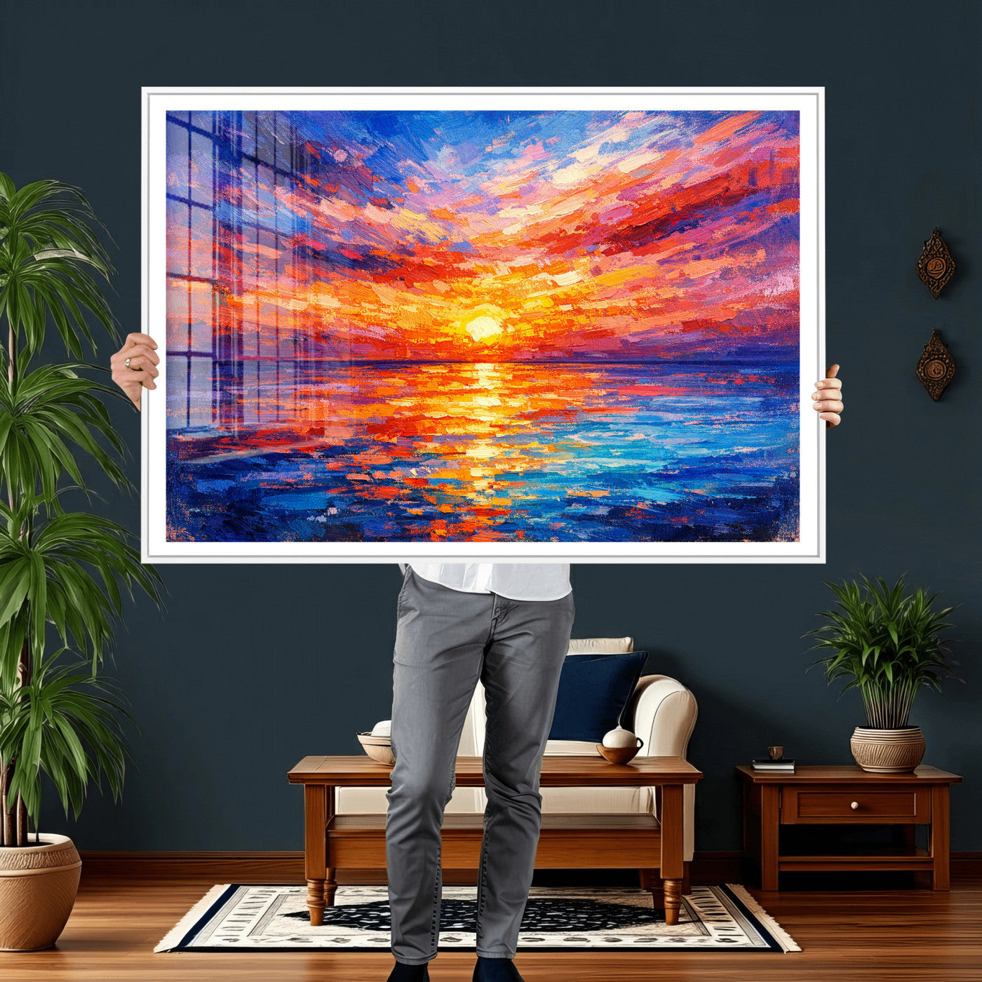 54915078-MGV-CV-36X24 - Colorful Knife Ocean Sunset Canvas — Orange Pink Teal Expressionist Sea Print | Colorful Coastal Wall Art | Vibrant Beach Decor Gift