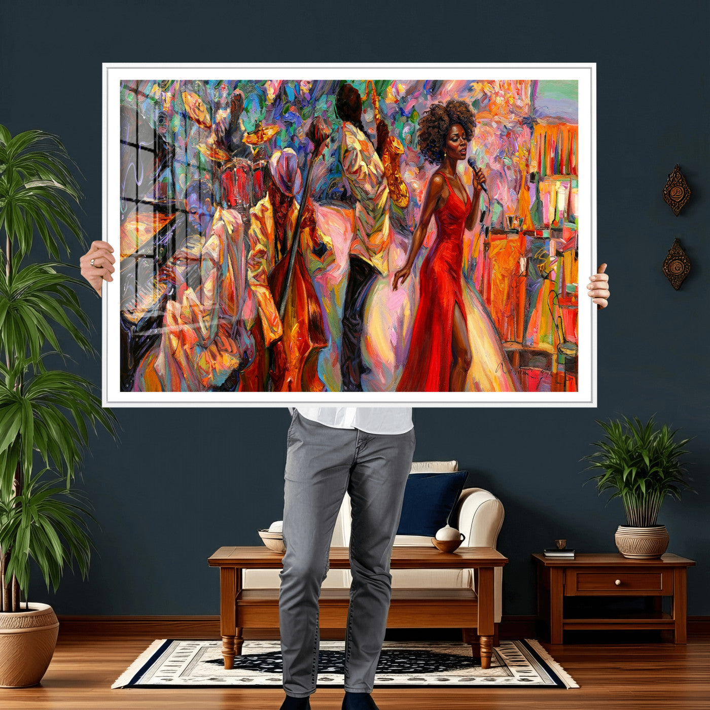 72615137-MGV-CV-36X24 - African American Jazz Singer Canvas Art - Red Dress Black Woman Music Print | Colorful Jazz Band Wall Decor | Living Room Gift for Her
