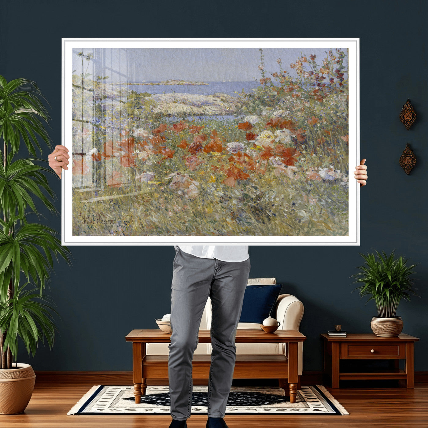 54770907-MGV-CV-36X24 - Childe Hassam Celia Thaxter Garden Canvas — 1890 American Impressionist Poppy Floral Print | Isles of Shoals Coastal Art | Classic Gift