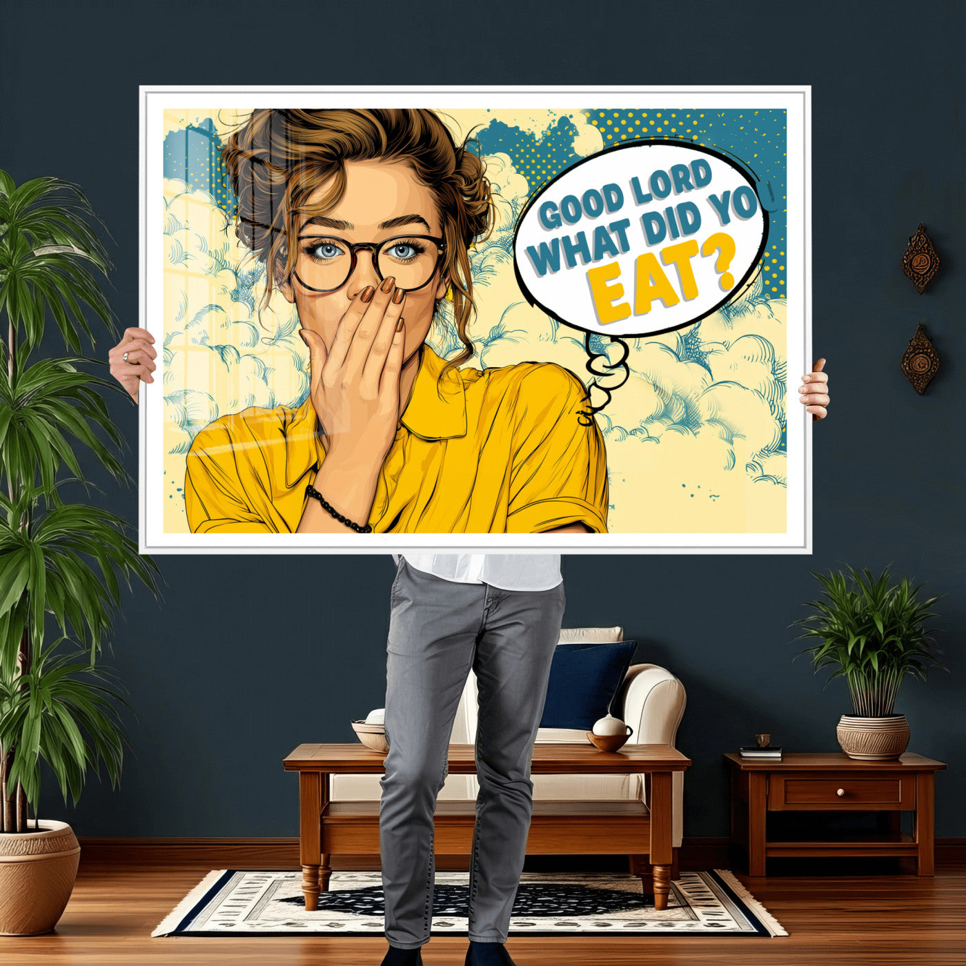 35819669-MGV-CV-36X24 - Pop Art Print Bathroom Sign Wall Art Canvas Print — Funny Bathroom Canvas | Comic Style Toilet Wall Decor | Humor Gift | Yellow Bold Bathroom Art