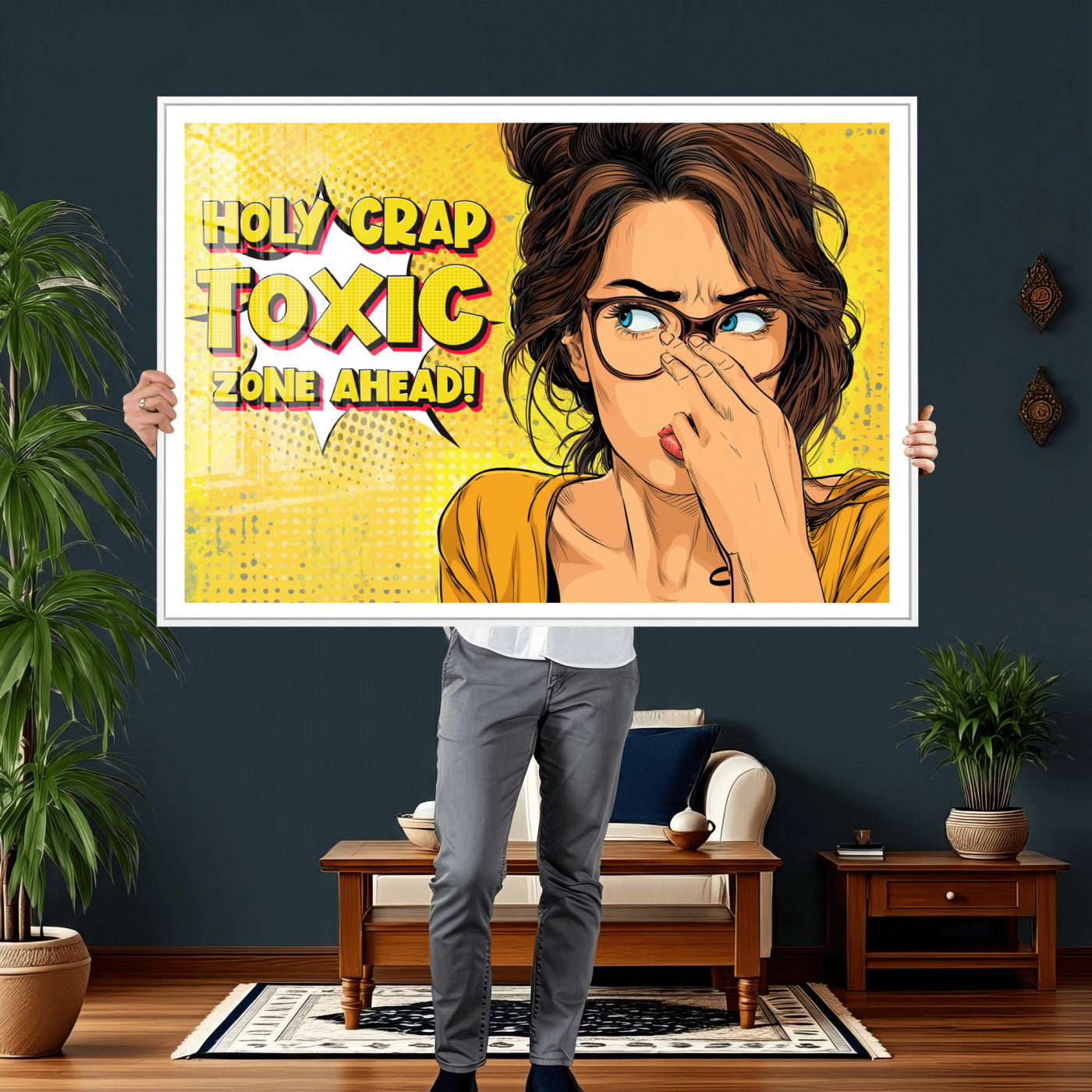 96263876-MGV-CV-36X24 - Pop Art Print Bathroom Sign Wall Art Canvas Print — Funny Bathroom Canvas | Comic Style Toilet Wall Decor | Humor Gift | Yellow Bold Bathroom Art