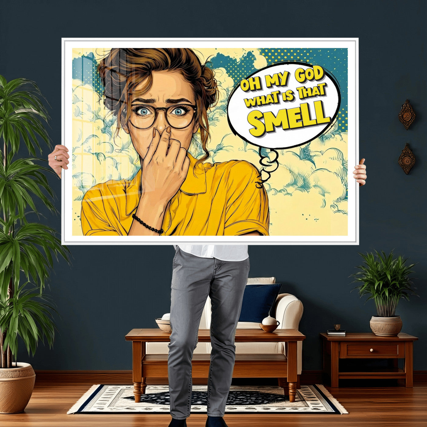 B79156505-MGV-CV-36X24 - Pop Art Print Bathroom Sign Wall Art Canvas Print — Funny Bathroom Canvas | Comic Style Toilet Wall Decor | Humor Gift | What is that Smell