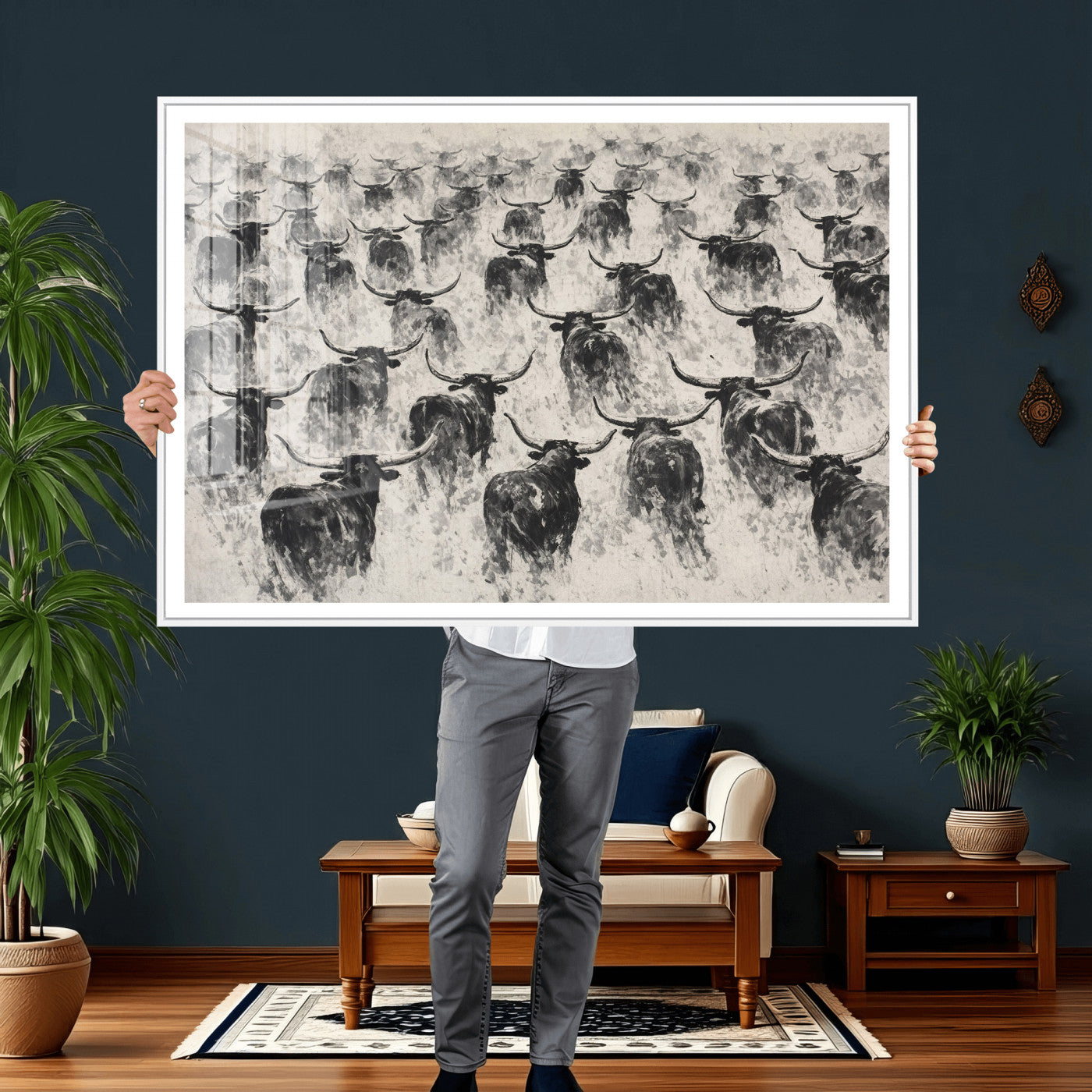 73328525-MGV-CV-36X24 - Texas Longhorn Drawing Canvas Wall Art, Western Cattle Stampede Painting Print, Warm Amber Ranch Decor, Rustic Cowboy Home Art, Large Living Room Decor