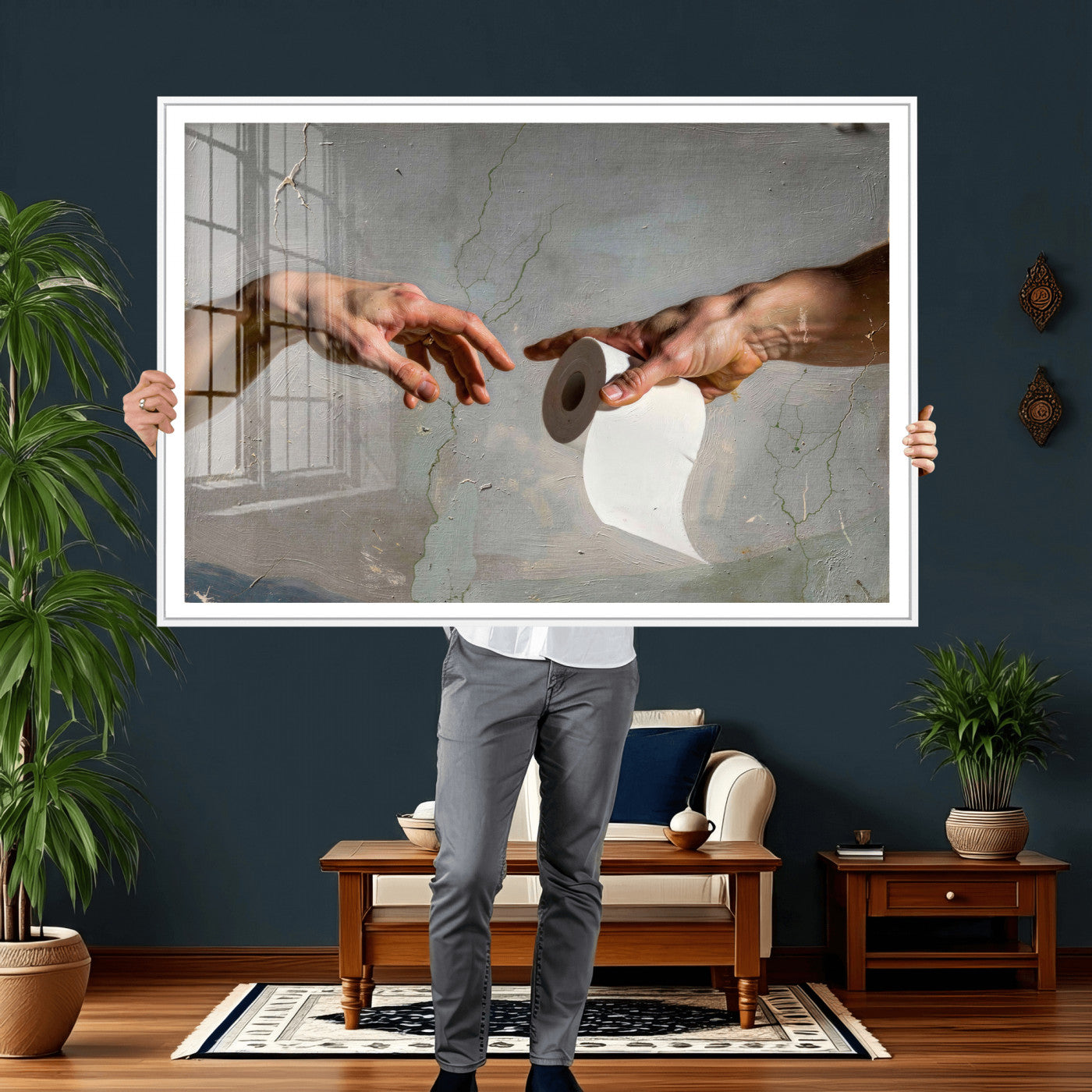 72030048-MGV-CV-36X24 - Funny Bathroom Wall Art Canvas, Creation of Toilet Paper Parody Print, Renaissance Humor Decor, Toilet Room Art, Quirky Housewarming Gift, Classic Art Spoof