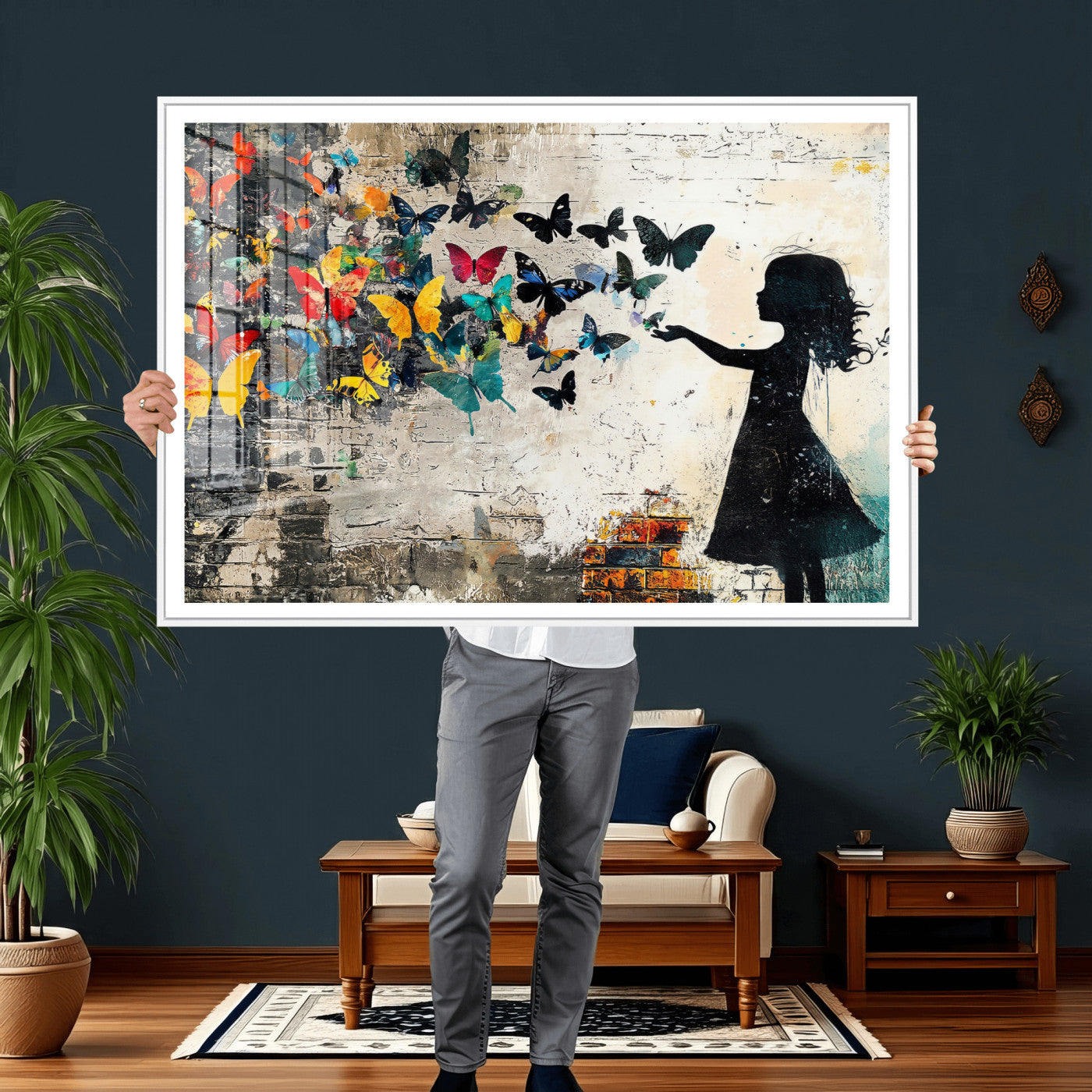 33909022-MGV-CV-36X24 - Banksy Butterfly Girl Wall Art Canvas Print, Framed Street Art Silhouette Graffiti Artwork, Colorful Butterfly Wall Decor for Living Room Bedroom Office