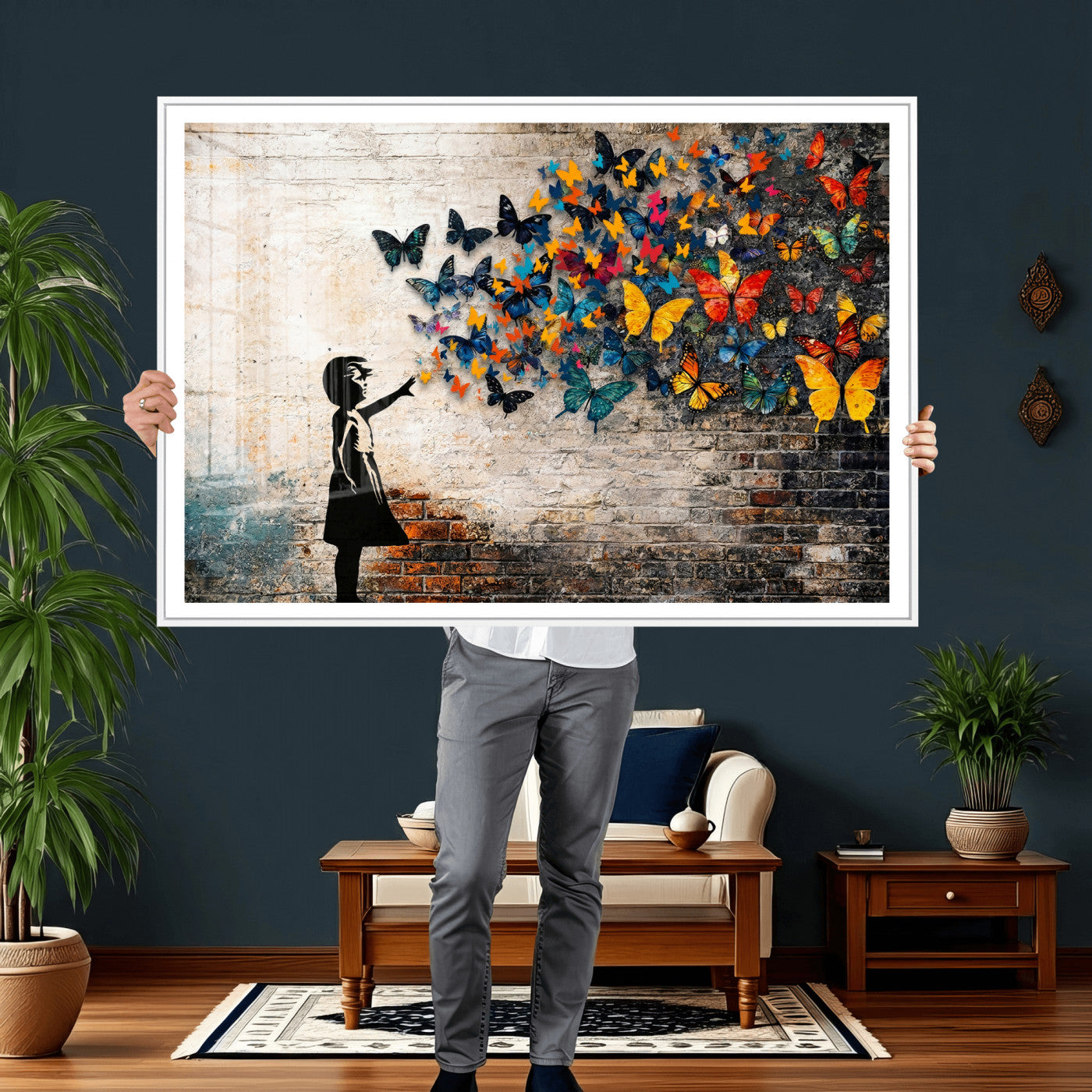 78760384-MGV-CV-36X24 - Banksy Graffiti Butterfly Girl Wall Art Canvas Print, Framed Street Art Canvas Print, Silhouette Butterfly Wall Art for Living Room Bedroom Office