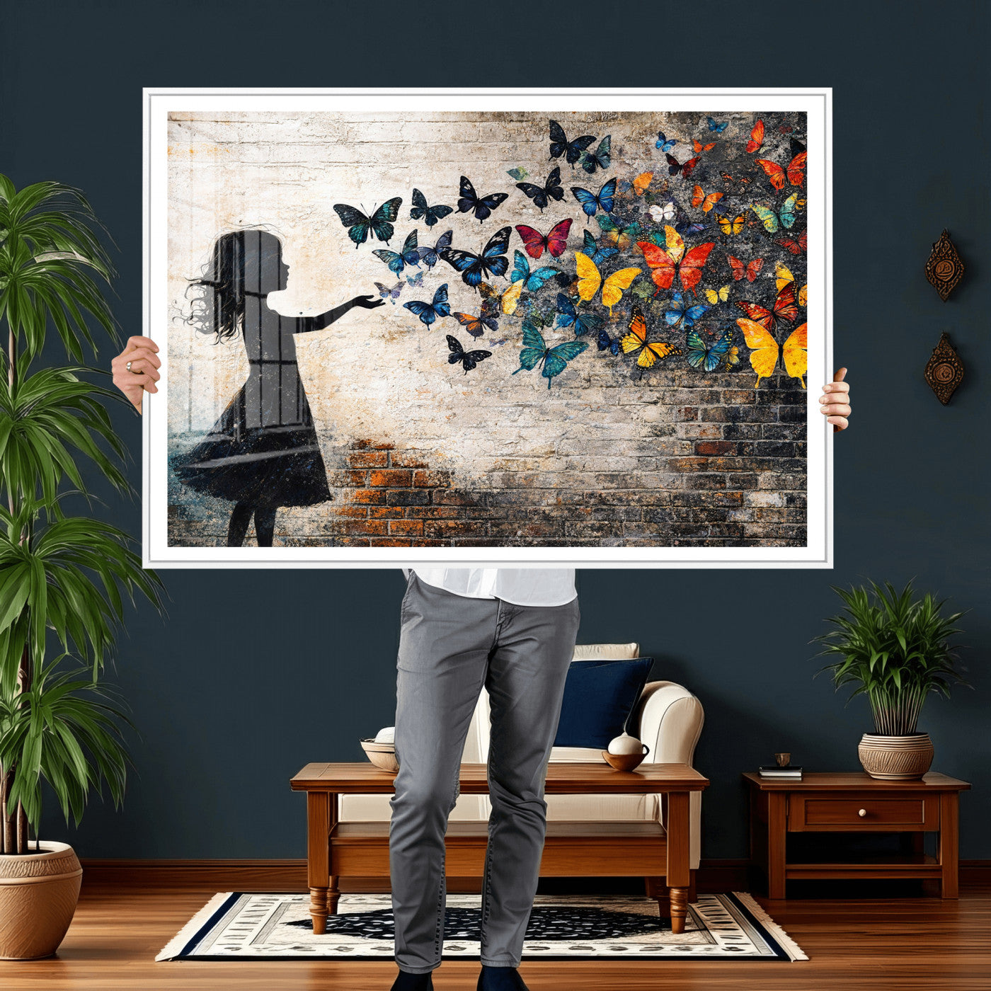 70522594-MGV-CV-36X24 - Banksy Butterfly Girl Wall Art Canvas Print, Framed Street Art Canvas Print, Graffiti Silhouette Butterfly Wall Art for Living Room Bedroom Office