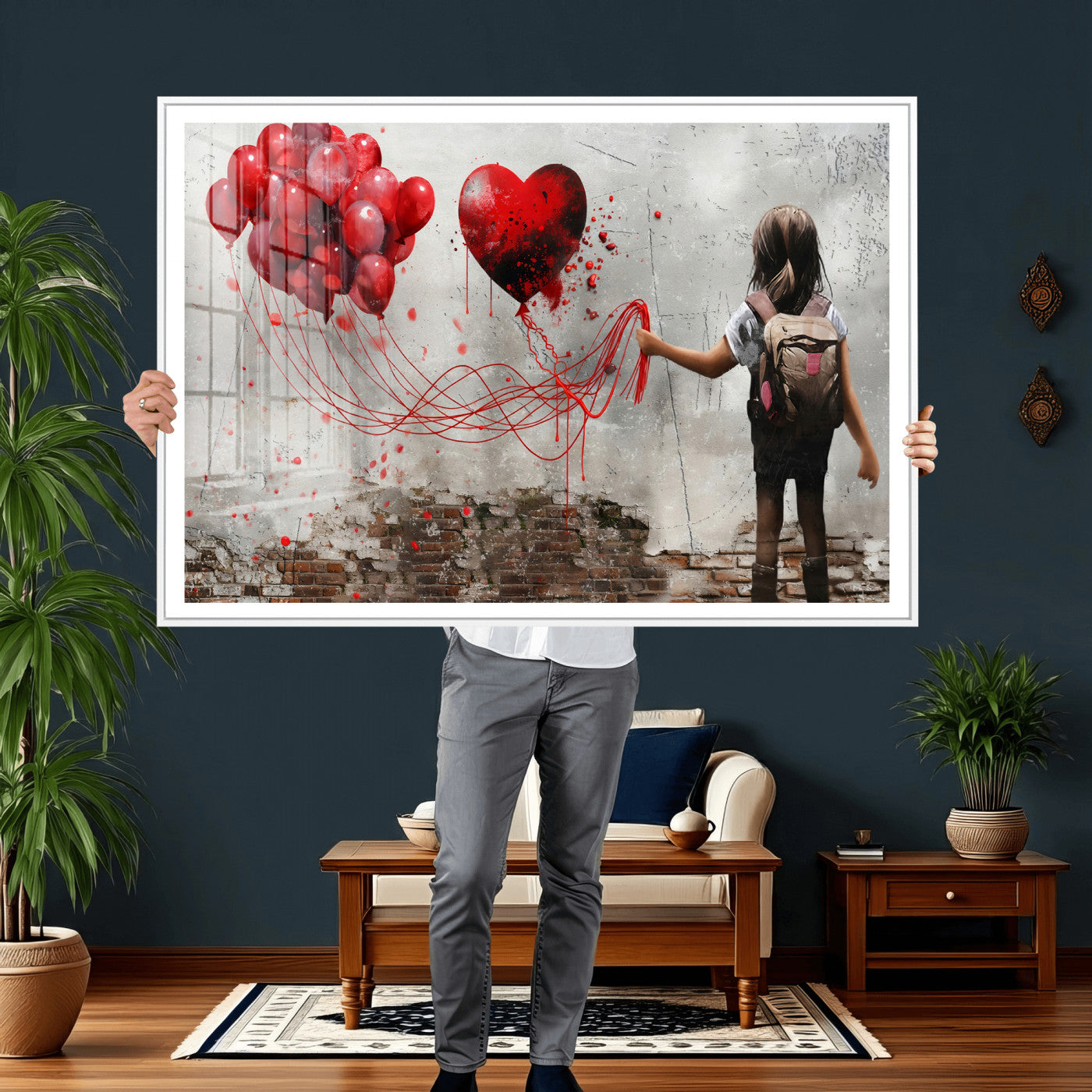 2162830T-MGV-CV-36X24 - Girl Graffiti Wall Art Canvas Print, Red Balloon Heart Street Art, Urban Love Artwork for Living Room Bedroom Hallway Office, Modern Abstract Canvas Wall Decor Home Decor