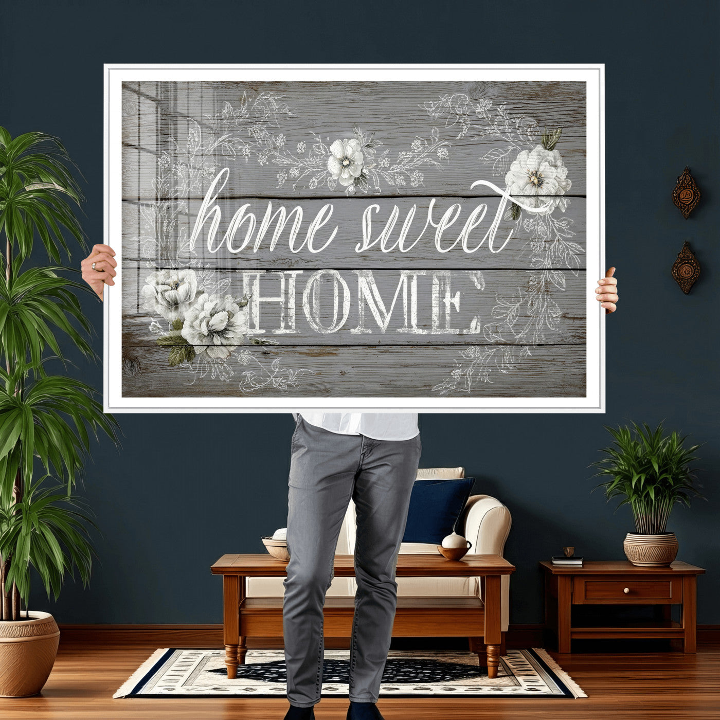 42160089-MGV-CV-36X24 - Home Sweet Home Sign Wall Art Canvas Print, Floral Farmhouse Sign, Rustic Neutral Entryway Bedroom Living Room Decor