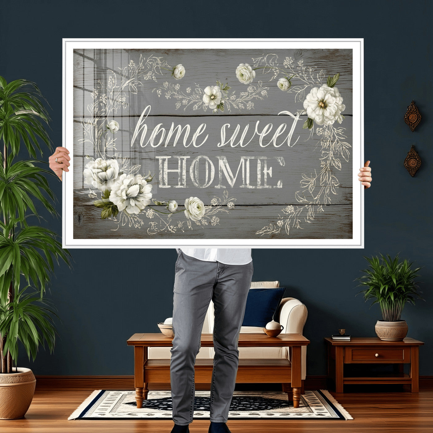 32056075-MGV-CV-36X24 - Home Sweet Home Wall Art Canvas Print, Floral Farmhouse Sign, Rustic Neutral Entryway Bedroom Living Room Decor